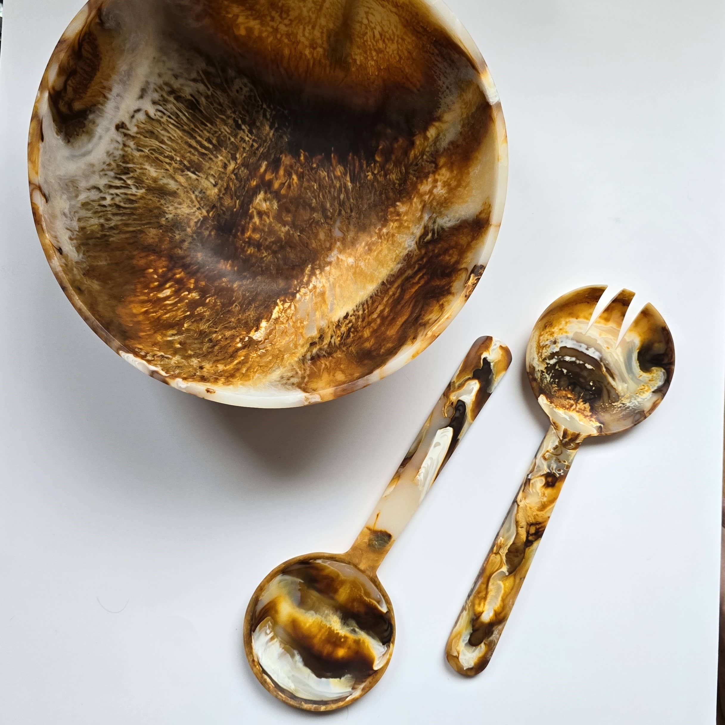 Hand Poured Resin Salad Serving Bowl - Matching Server: Serving Spoons Only