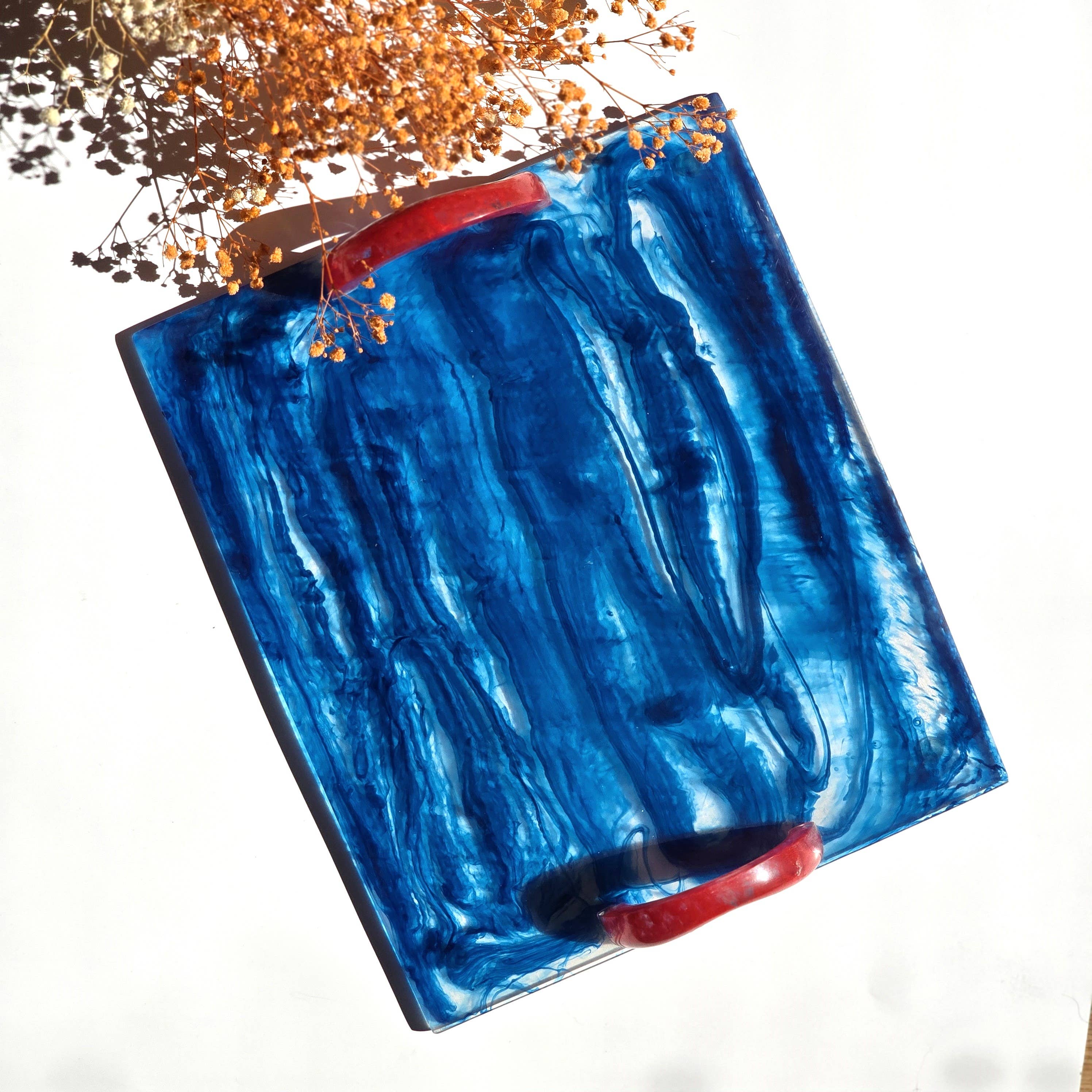 Blue Resin tray with Red handles - Hand Poured Resin Tray