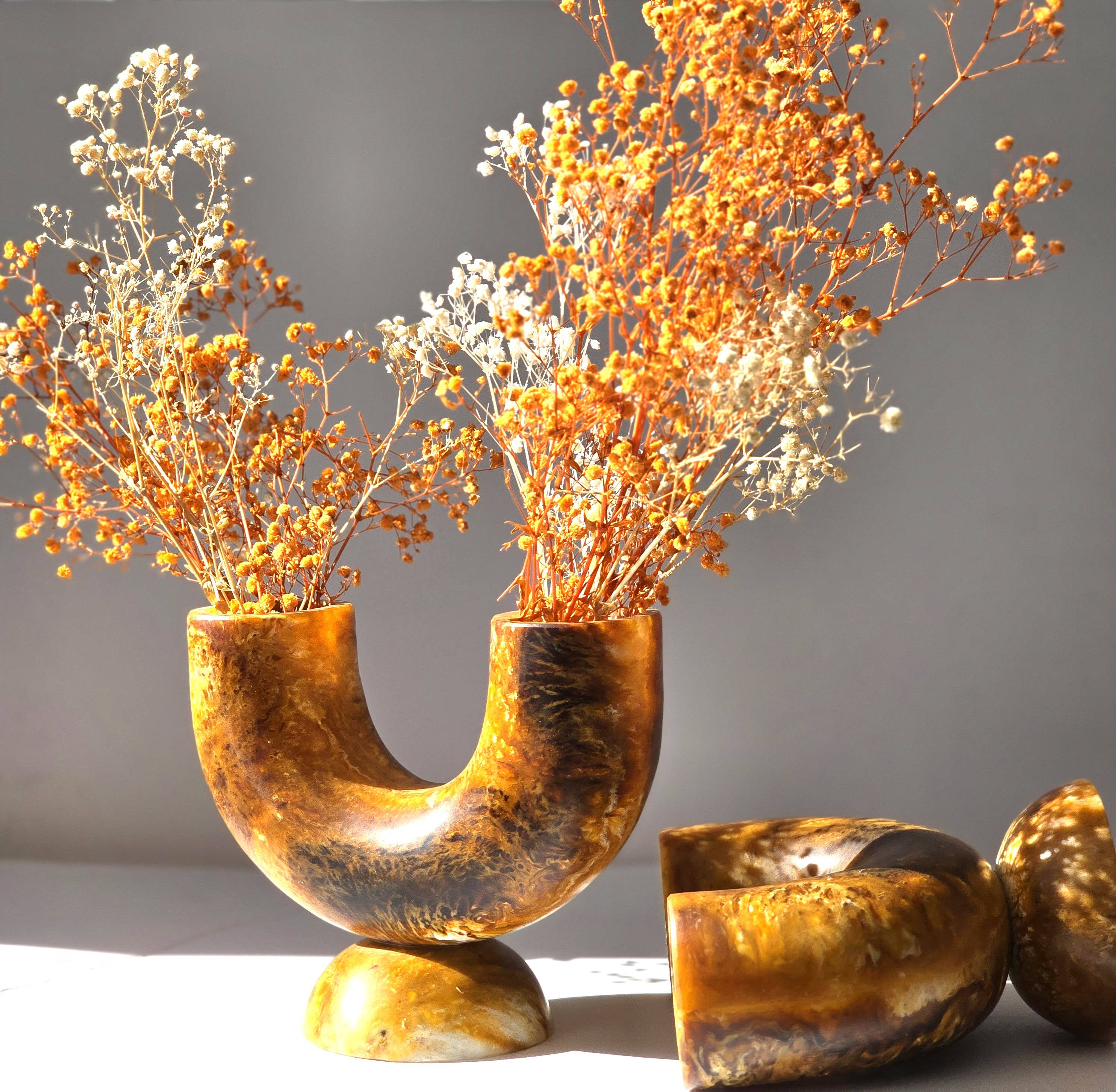 Hand poured Resin Flower Vase with base - Brown Flowers Pot