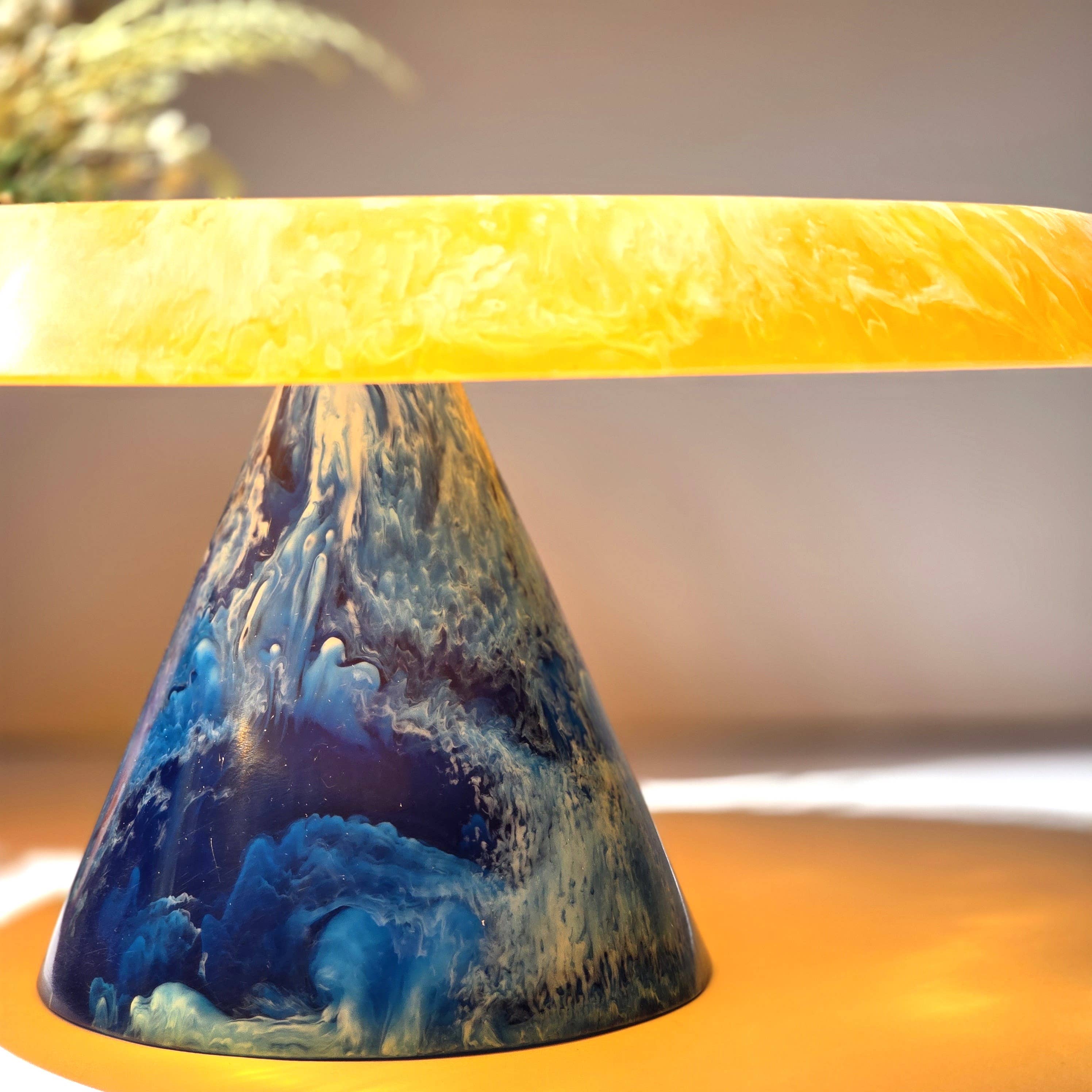 Orange Hand Poured Resin Cake Stand - Blue Base