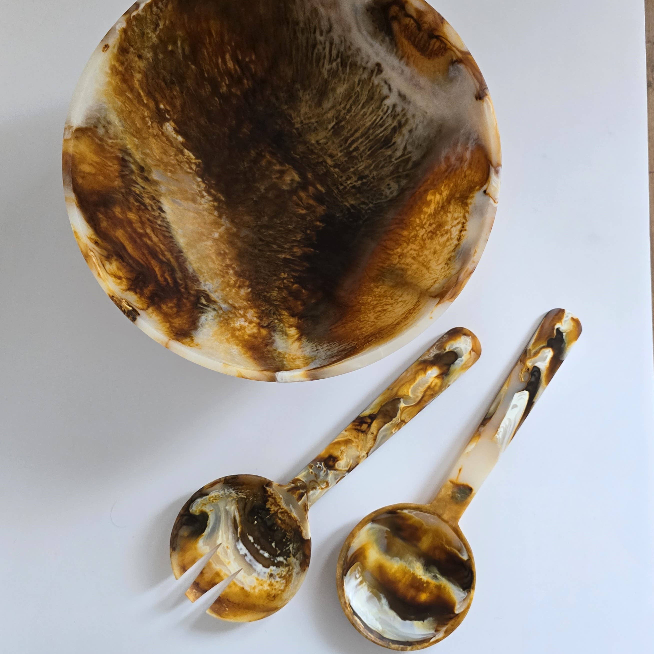 Hand Poured Resin Salad Serving Bowl - Matching Server: Serving Spoons Only