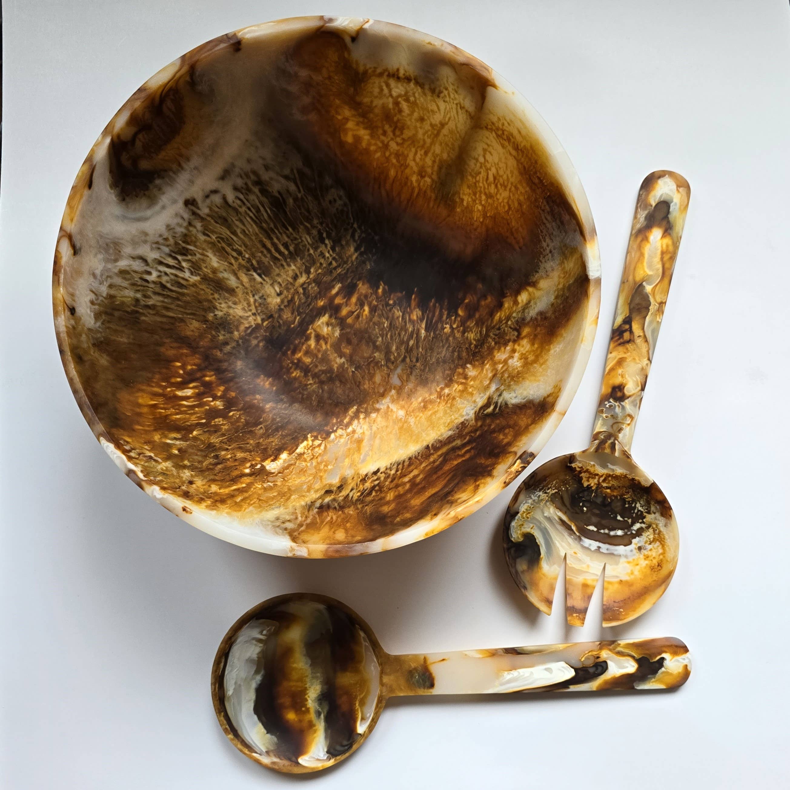 Hand Poured Resin Salad Serving Bowl - Matching Server: Serving Spoons Only