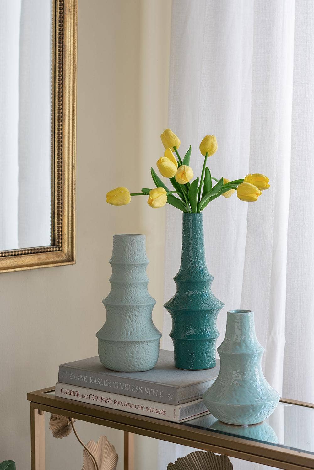 D4.7x12" Blue Ceramic Accent Vase with Sculptural Design