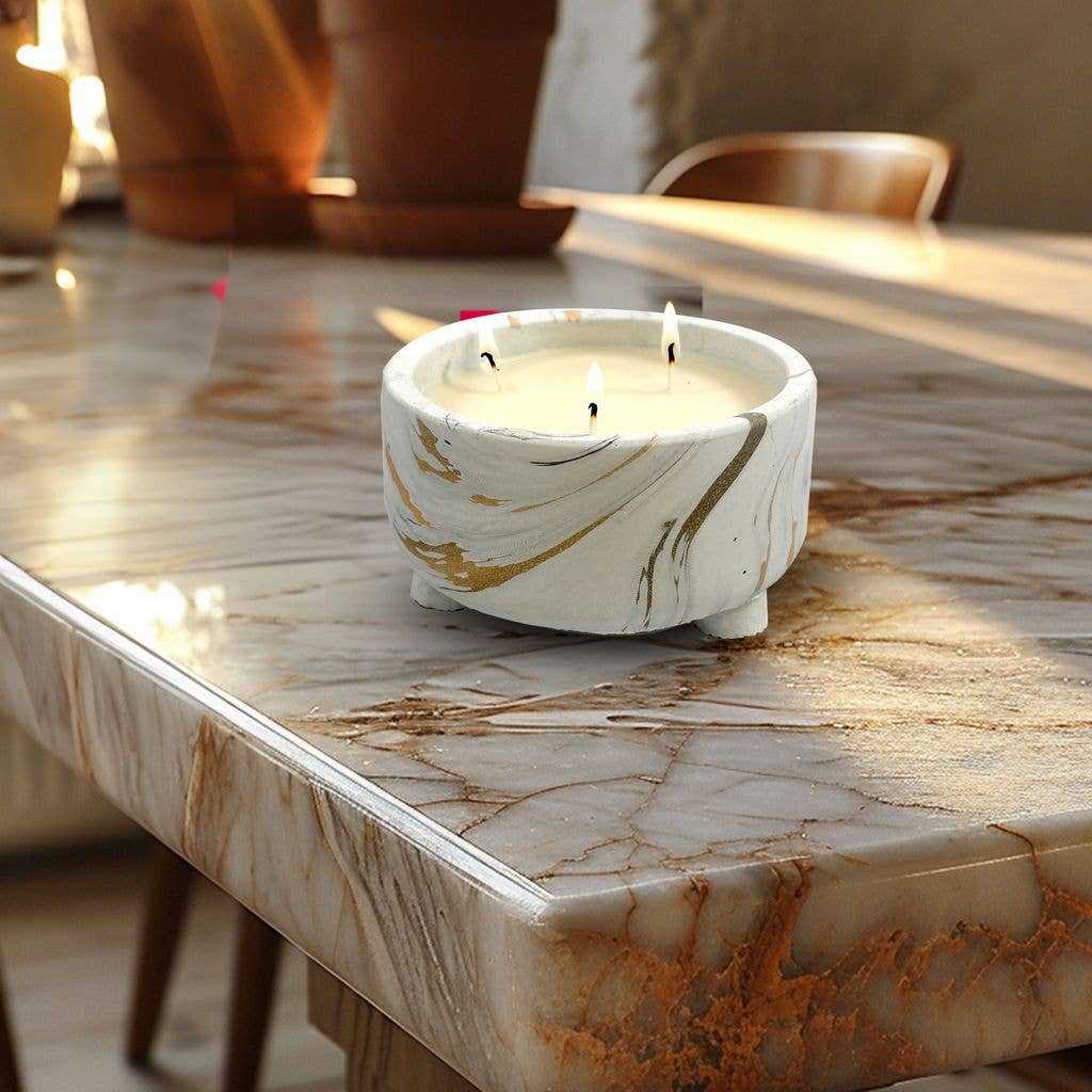 White and Gold Marbled Ceramic Candle Bowl - 12 Oz Floral Scented Candle for Elegant Home Decor And