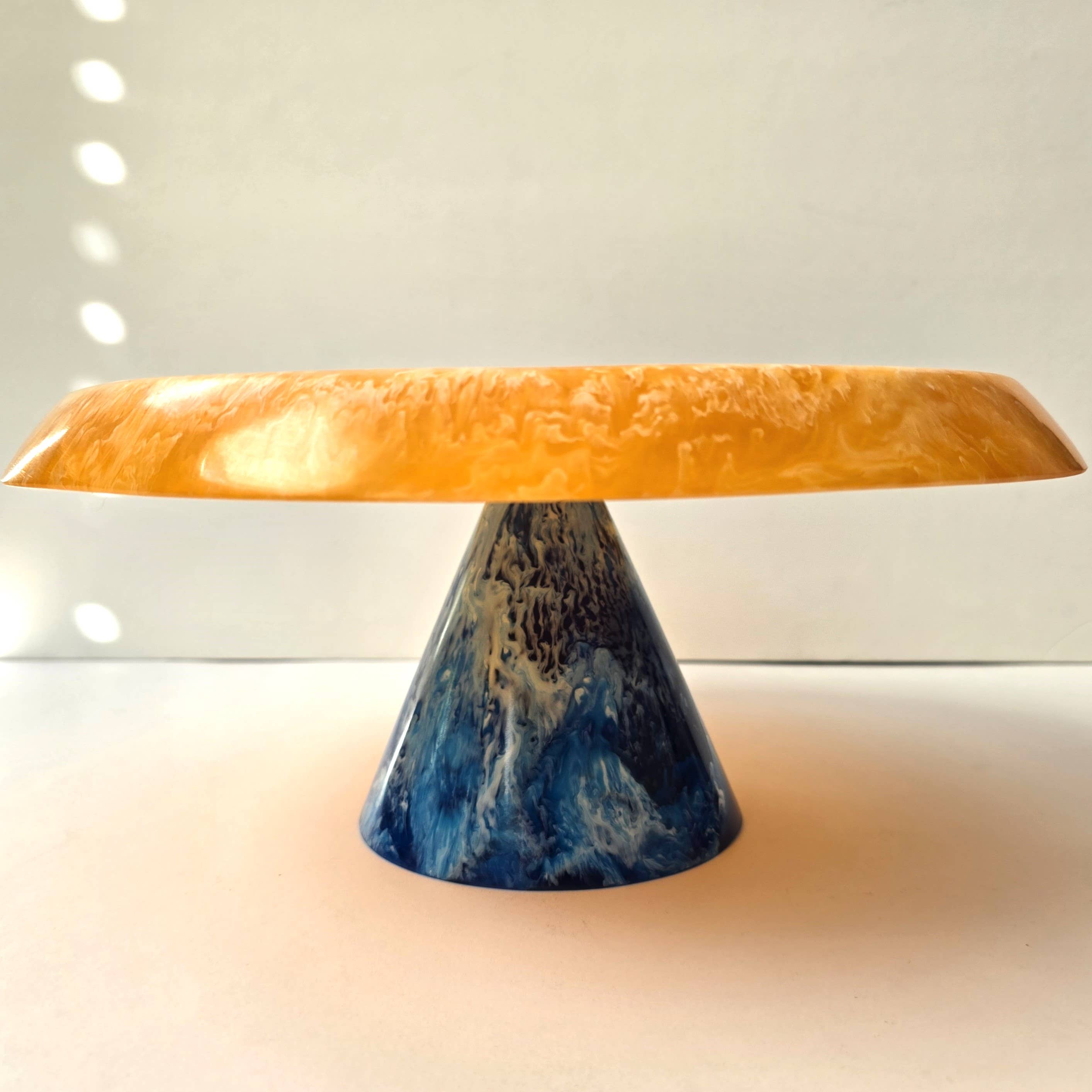 Orange Hand Poured Resin Cake Stand - Blue Base