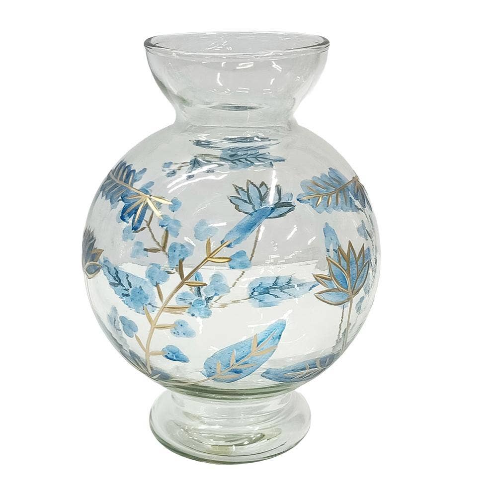 D6x8.5" Round Glass Pedestal Vase w/ Blue Gold Botanical
