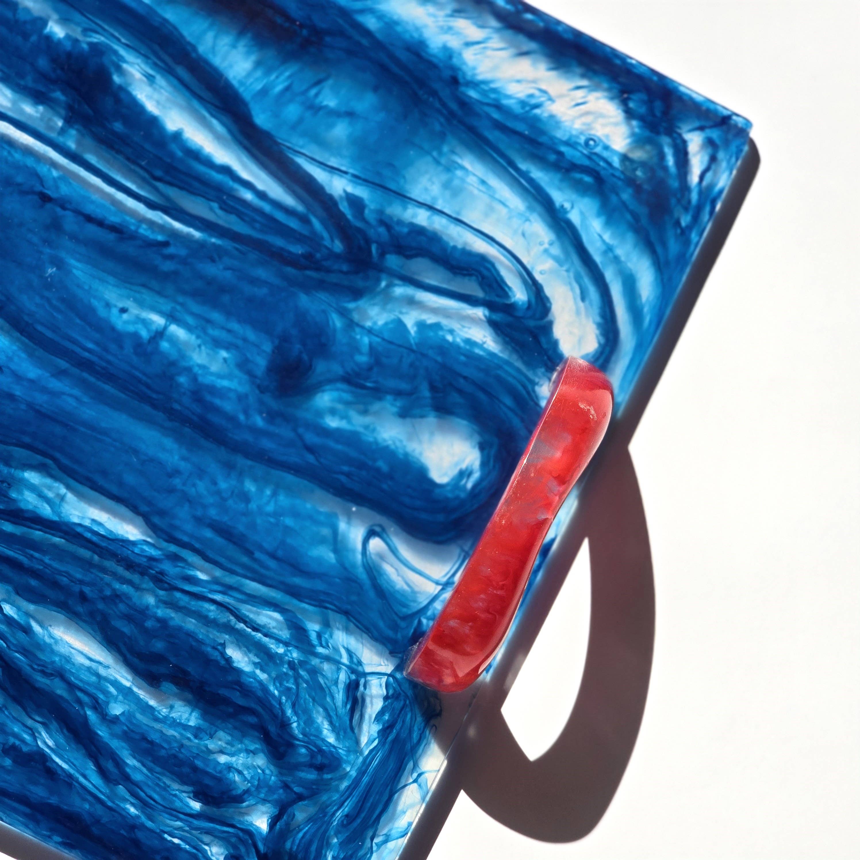 Blue Resin tray with Red handles - Hand Poured Resin Tray