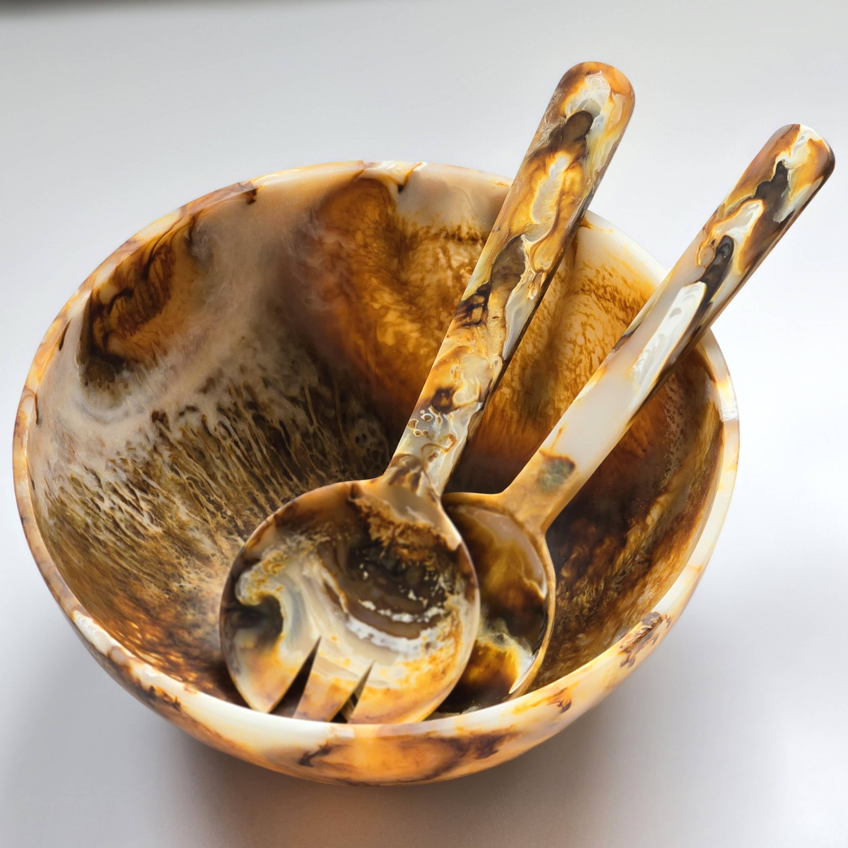 Hand Poured Resin Salad Serving Bowl - Matching Server: Serving Spoons Only