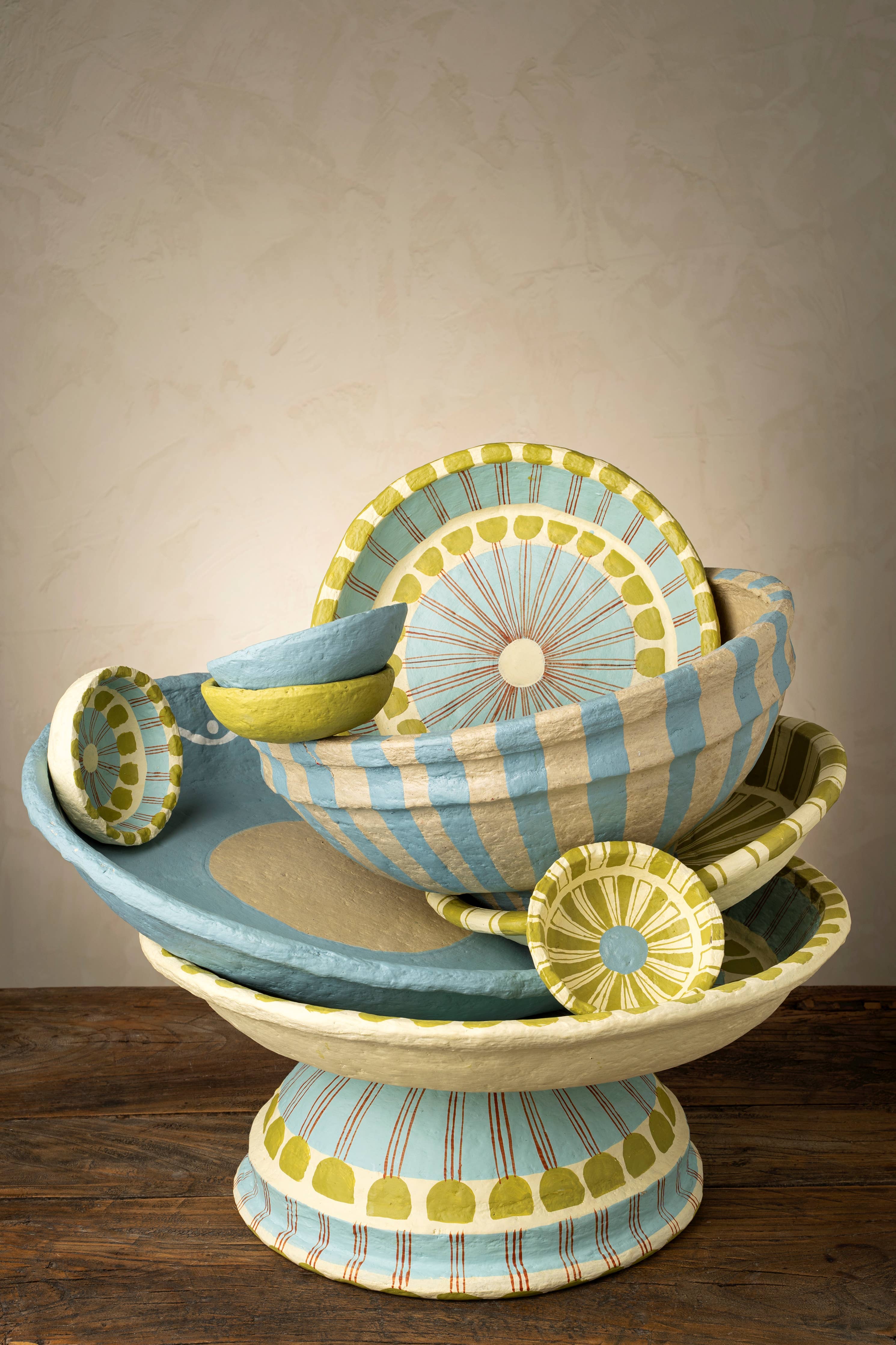 Painted Paper Mache Tray L, Blue Stripe