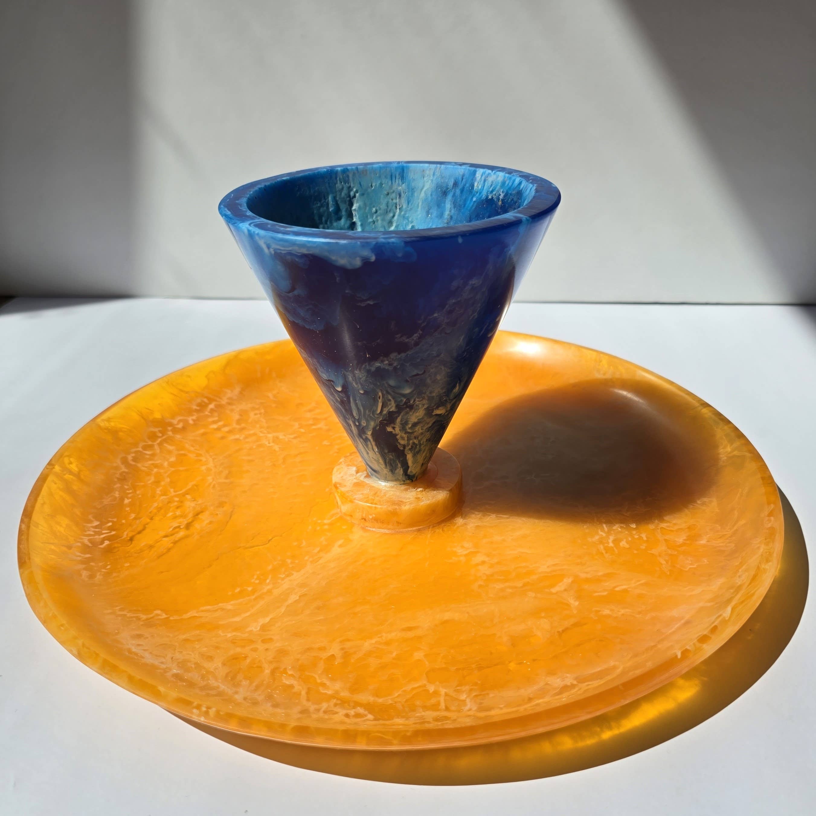 Orange Hand Poured Resin Cake Stand - Blue Base