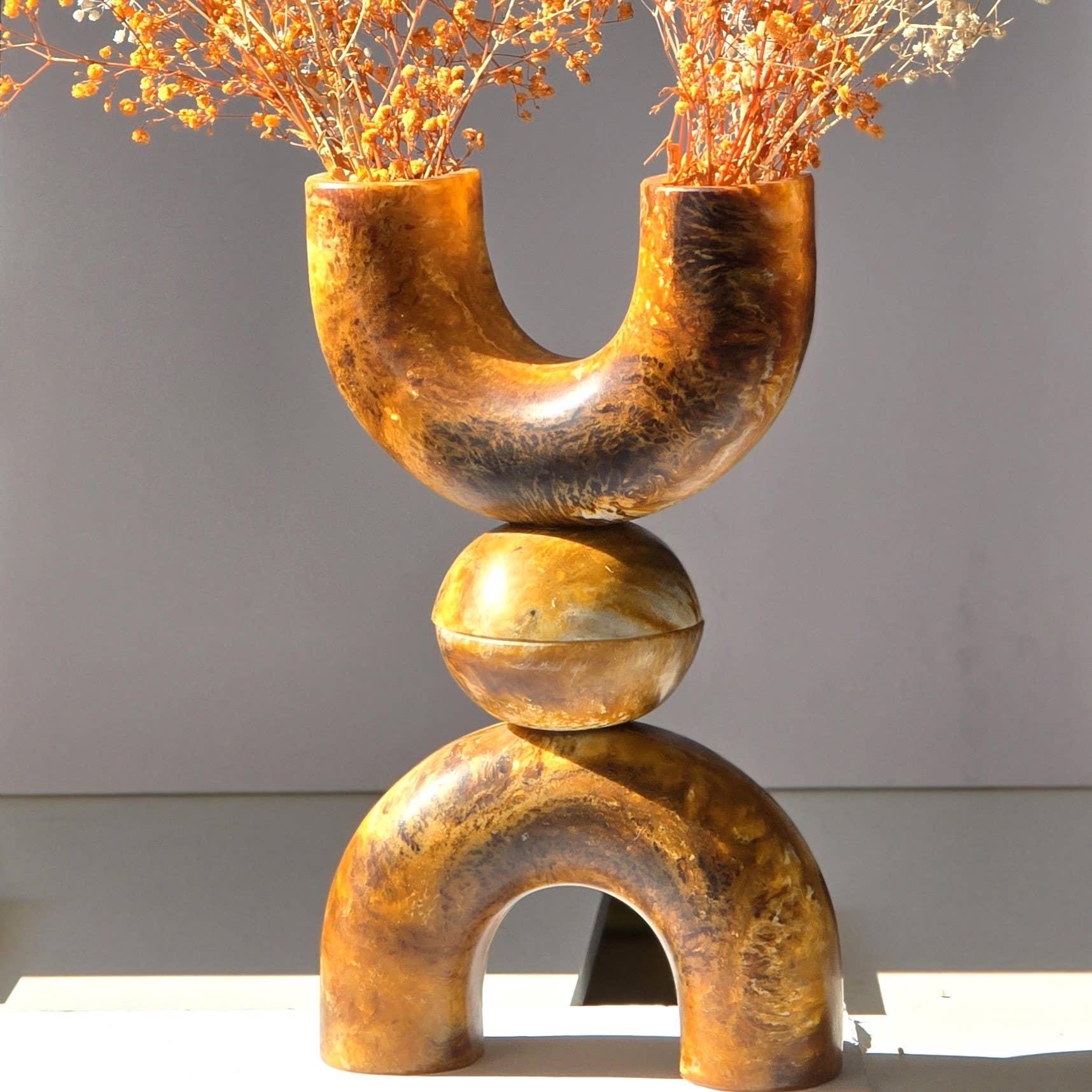 Hand poured Resin Flower Vase with base - Brown Flowers Pot