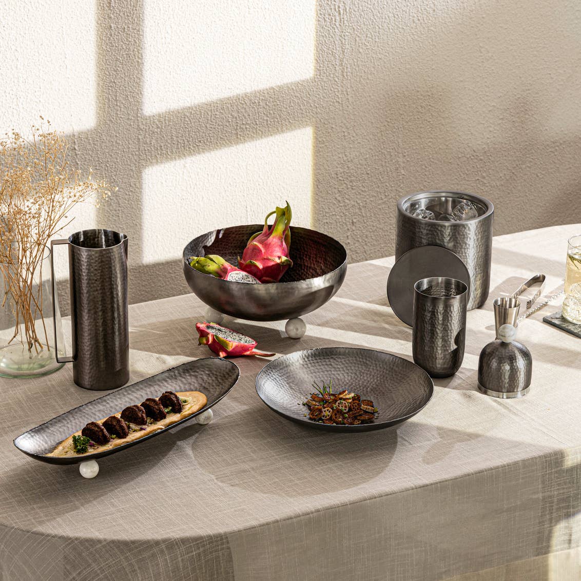 Temari Hammered Black and White Oblong Tray