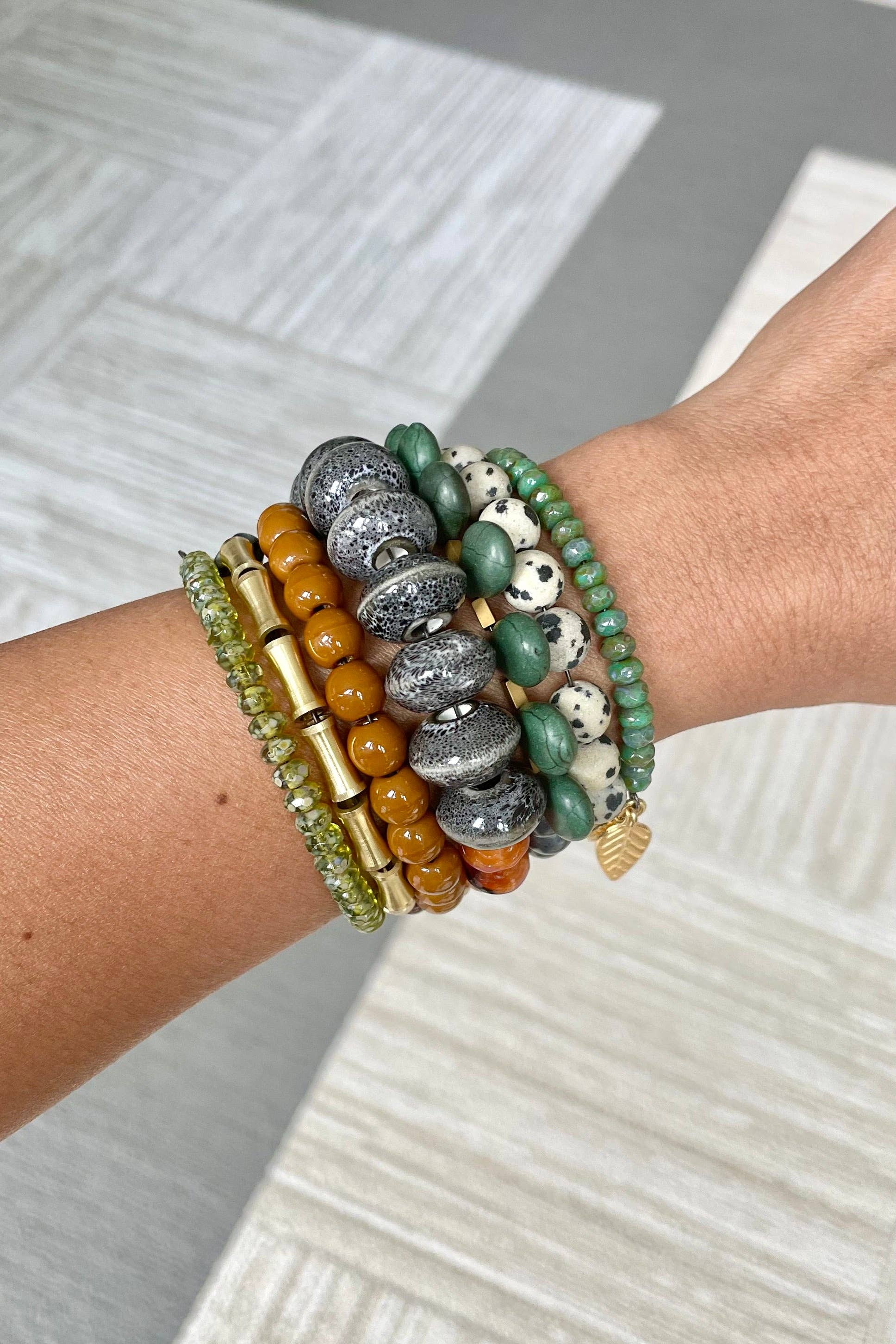 FERB03 Green, caramel, jasper, and gray wrap bracelet