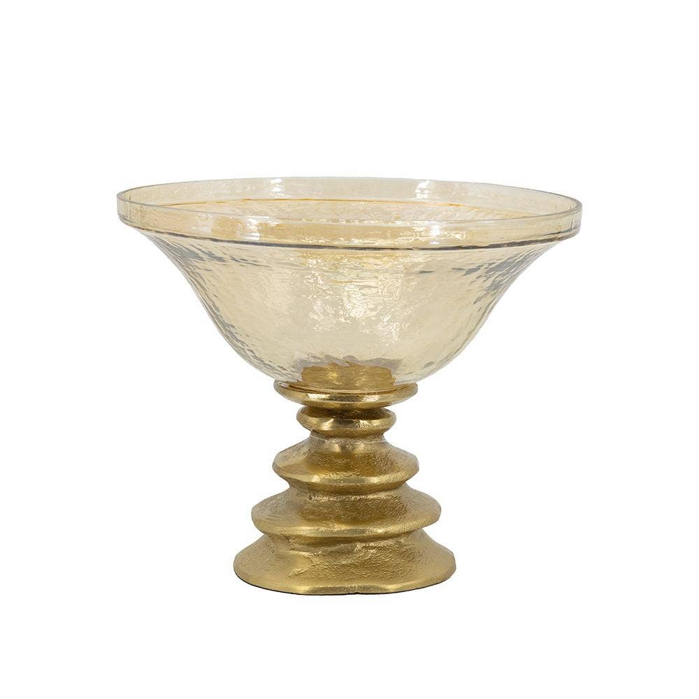 D8.5x7" Glass Pedestal Bowl w/ Metallic Base - Amber/Gold