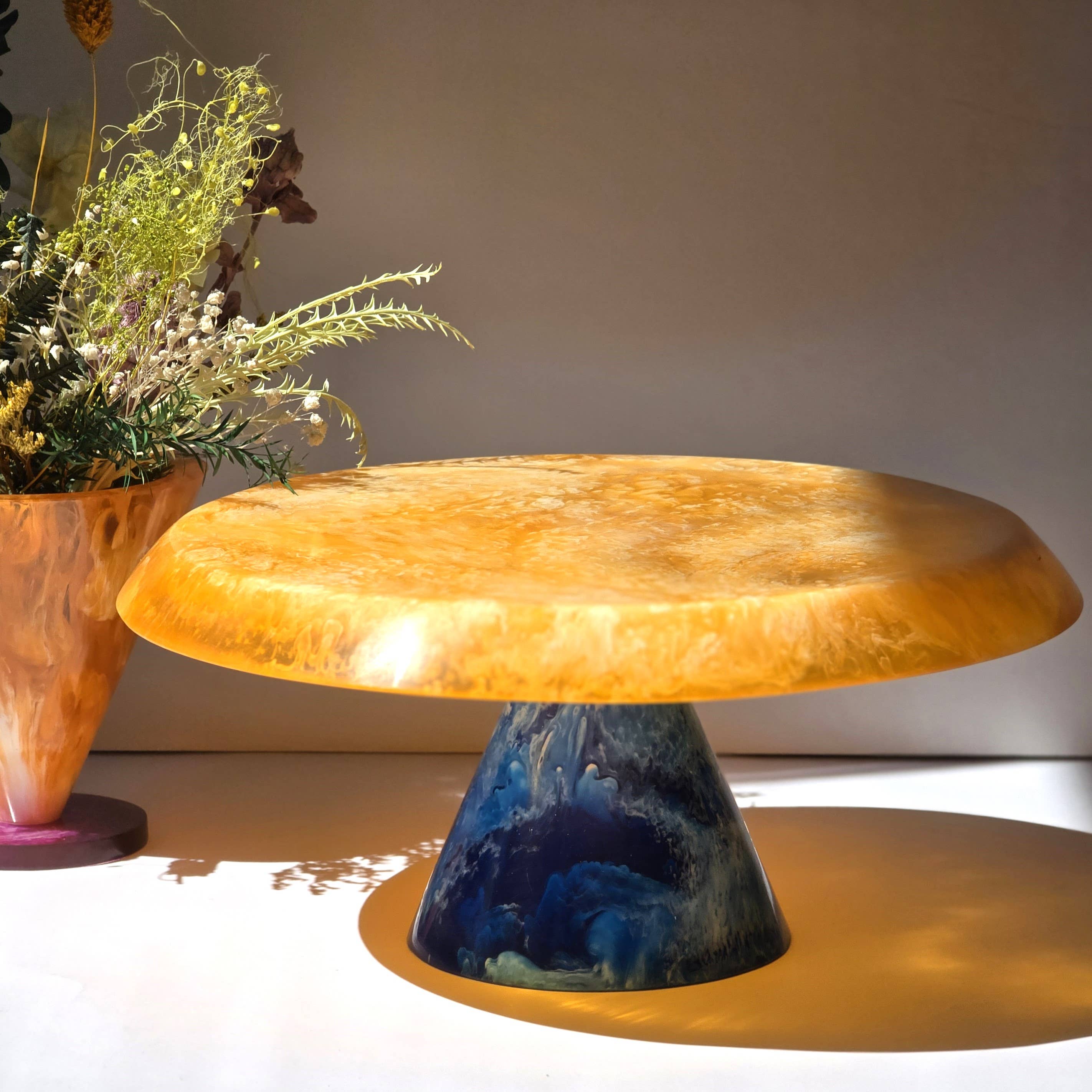 Orange Hand Poured Resin Cake Stand - Blue Base