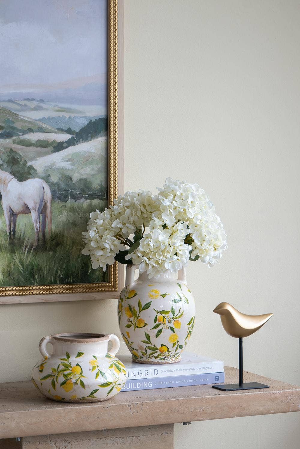 6.7x6.7x8.7" White Ceramic Vase w/ Lemon Motif Small Handles
