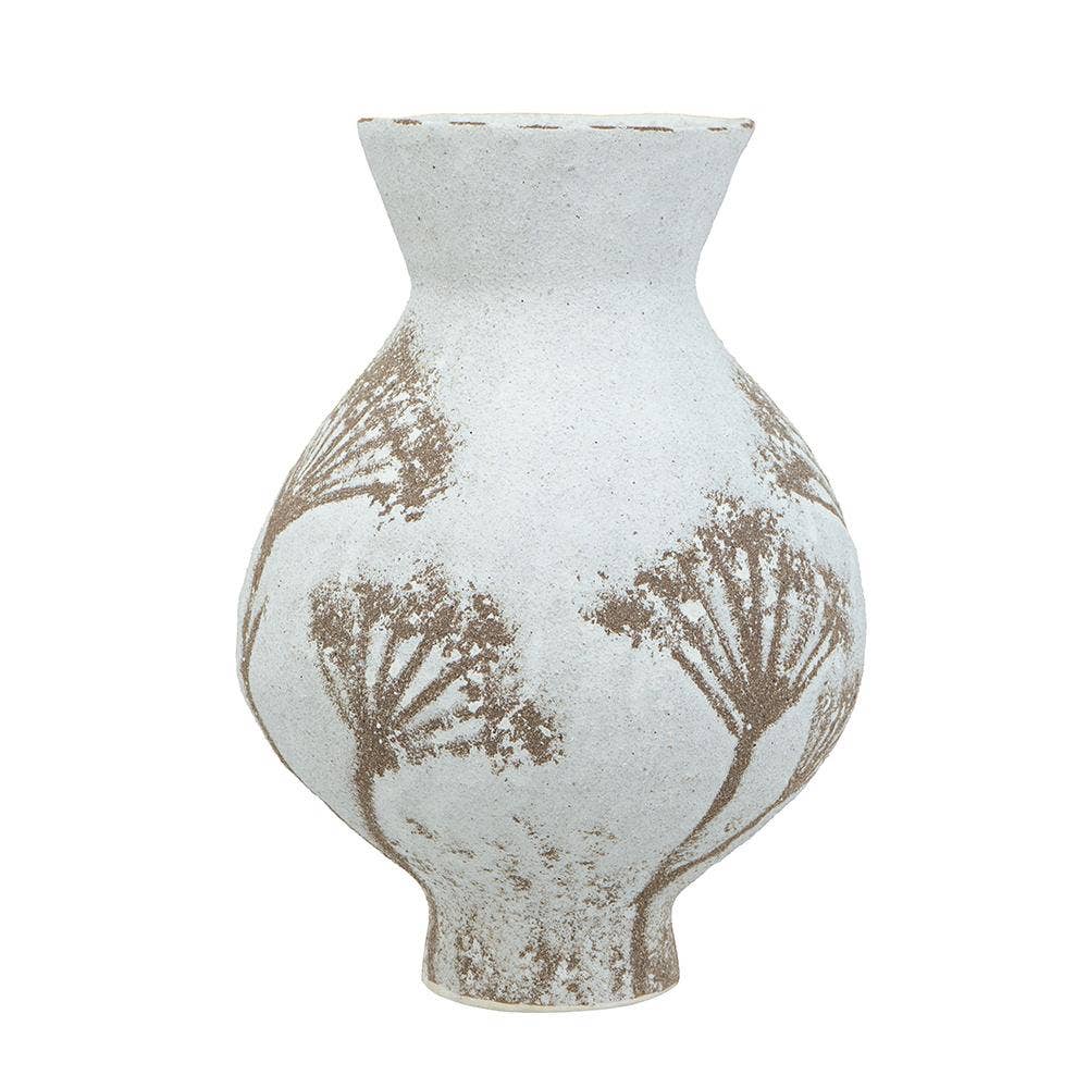 D8x11" White Ceramic Vase with Delicate Brown Tree Design