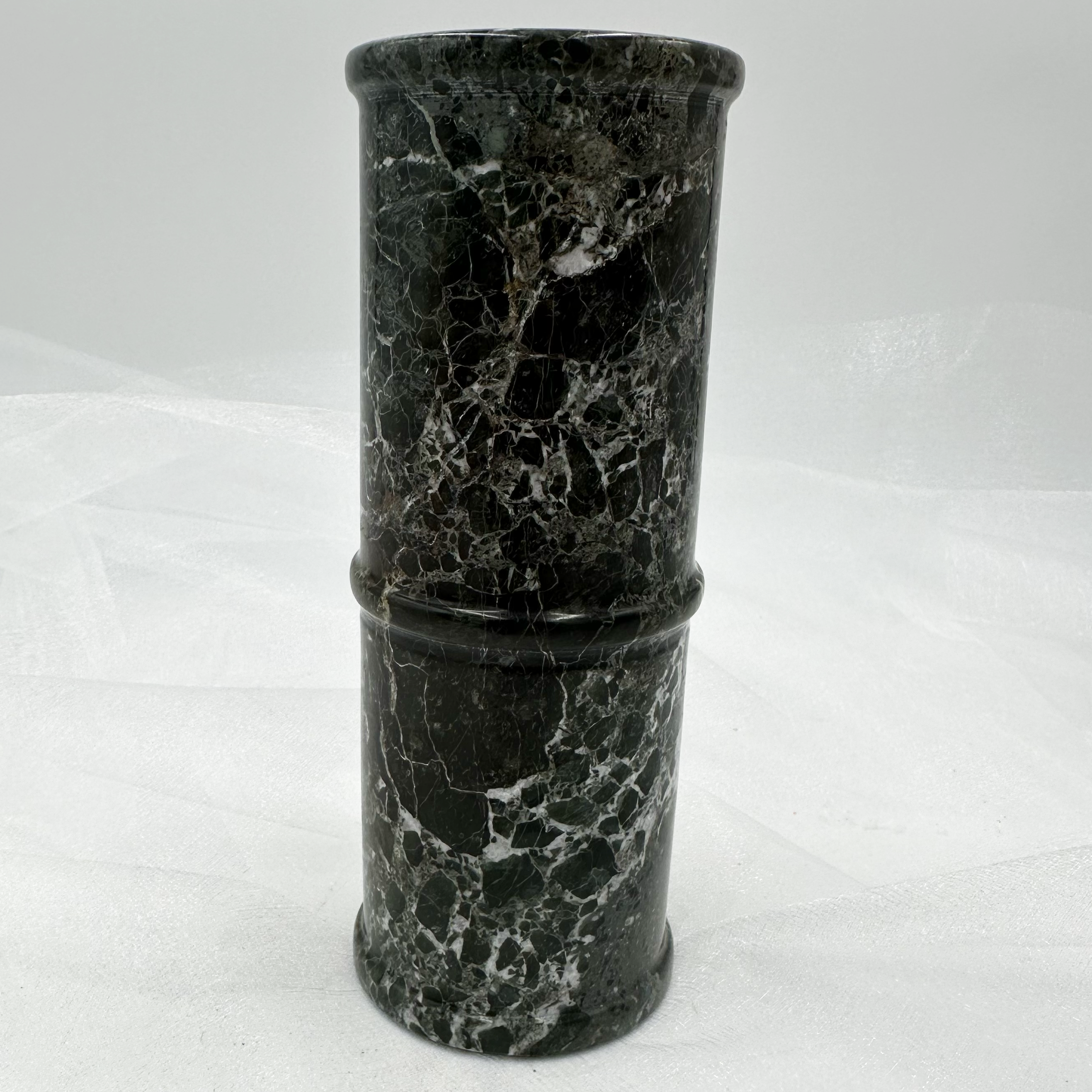 8" Cylindrical Vase in Marble & Onyx: Black Zebra Marble