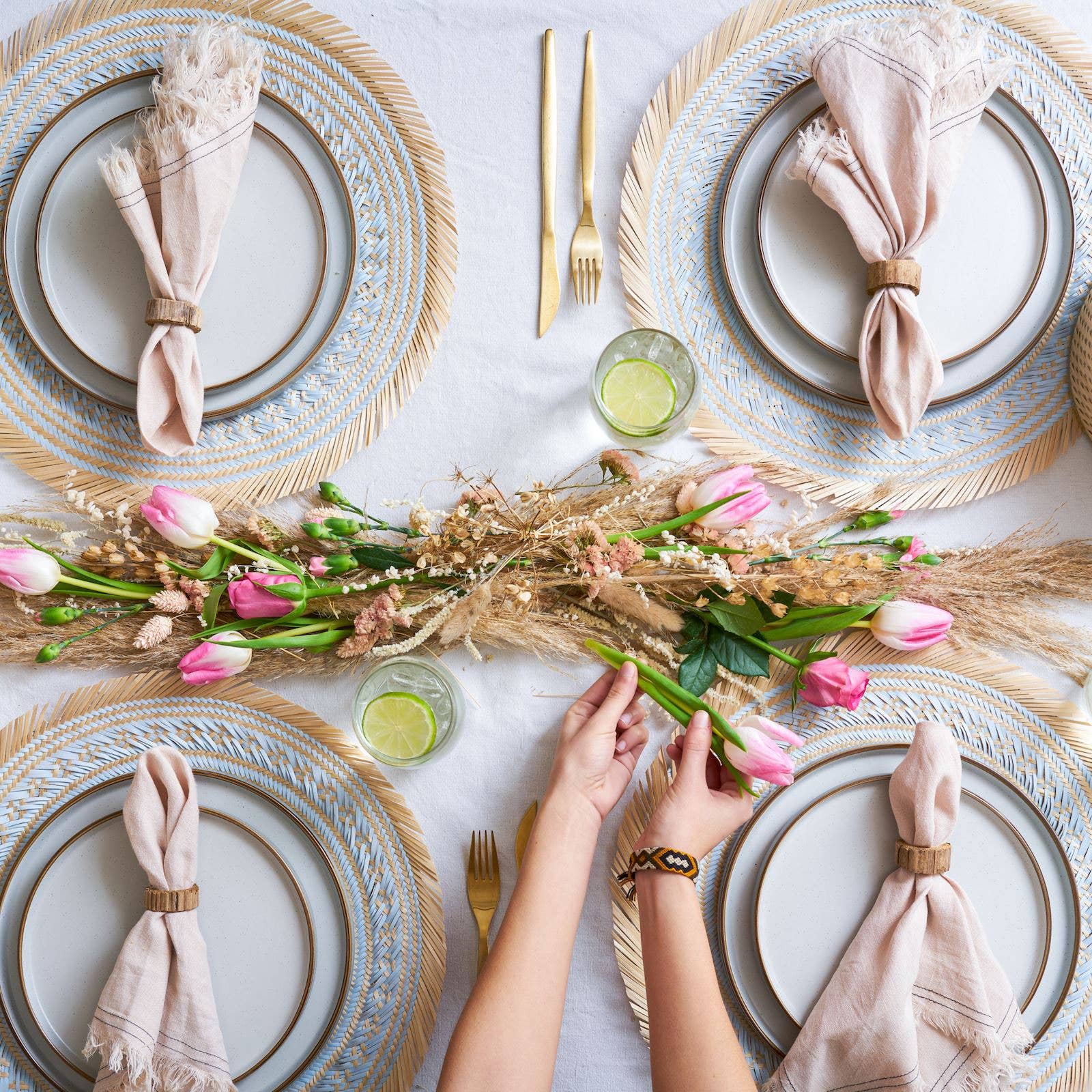 Set X 4 Woven Natural Straw Blue Round Placemats FINAL SALE