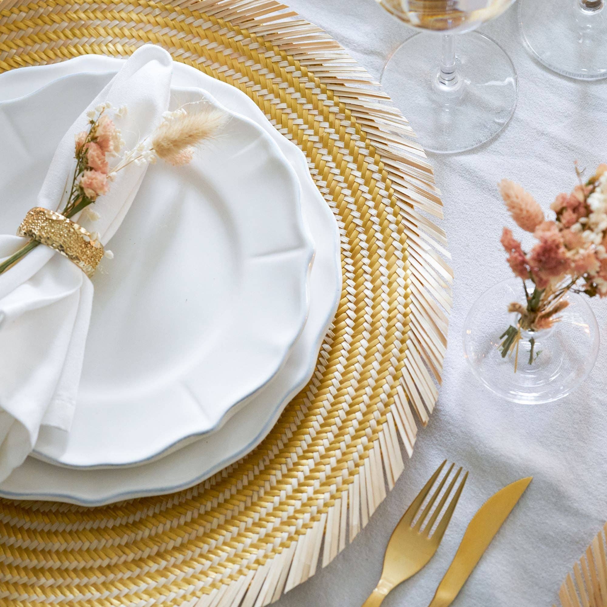 Set X 4 Woven Natural Straw Gold Circular Placemats FINAL SALE