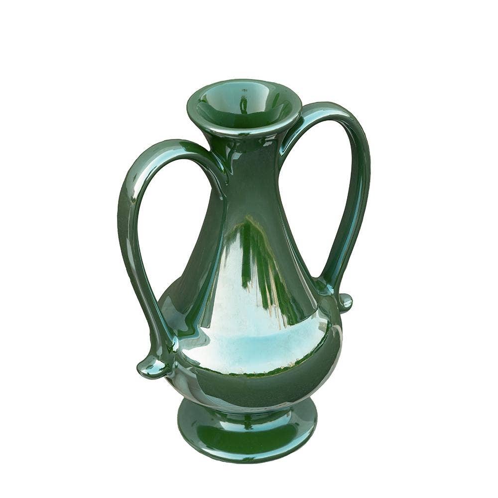 6.5x5x10" Pedestal Vase w/ Handles & Green Electroplating