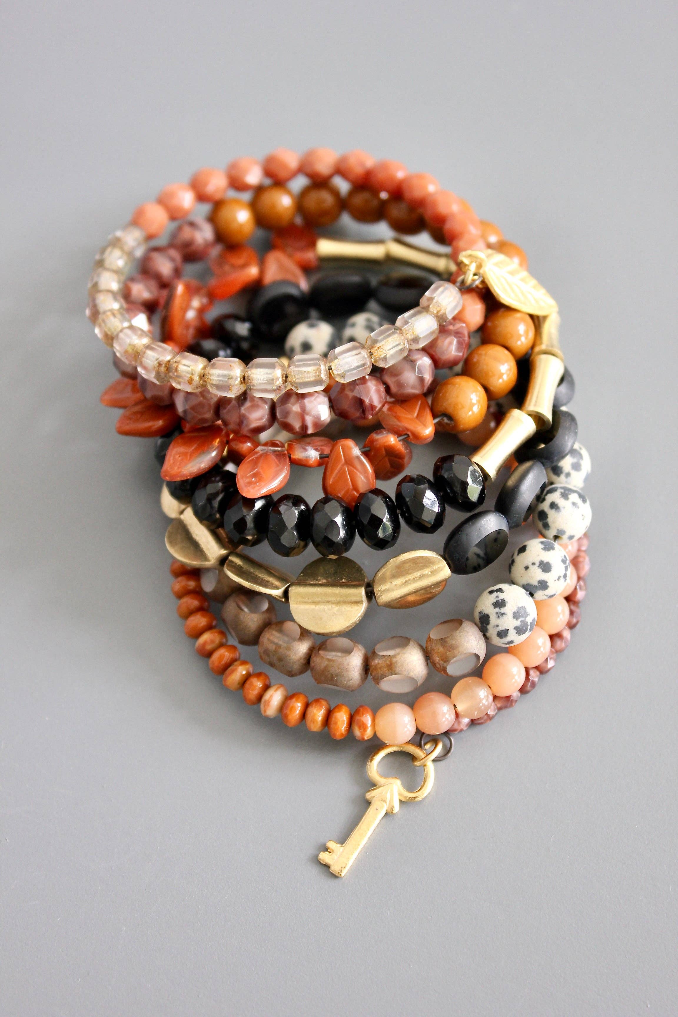 FERB02 Black, caramel, jasper, and peach wrap bracelet