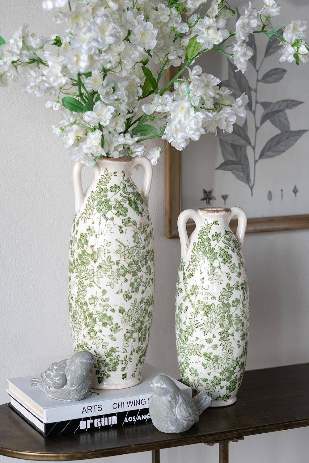 D5x14" White Ceramic Flower Vase Floral Pattern & Handles