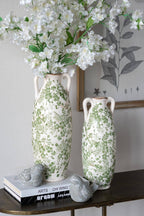 D5x14" White Ceramic Flower Vase Floral Pattern & Handles