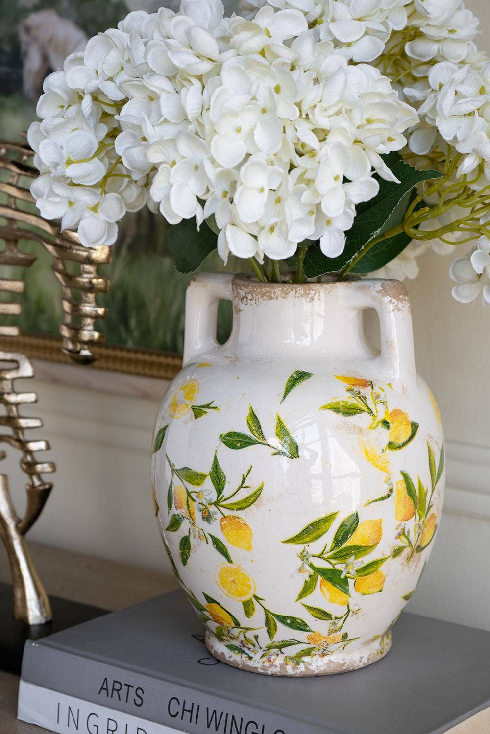 6.7x6.7x8.7" White Ceramic Vase w/ Lemon Motif Small Handles