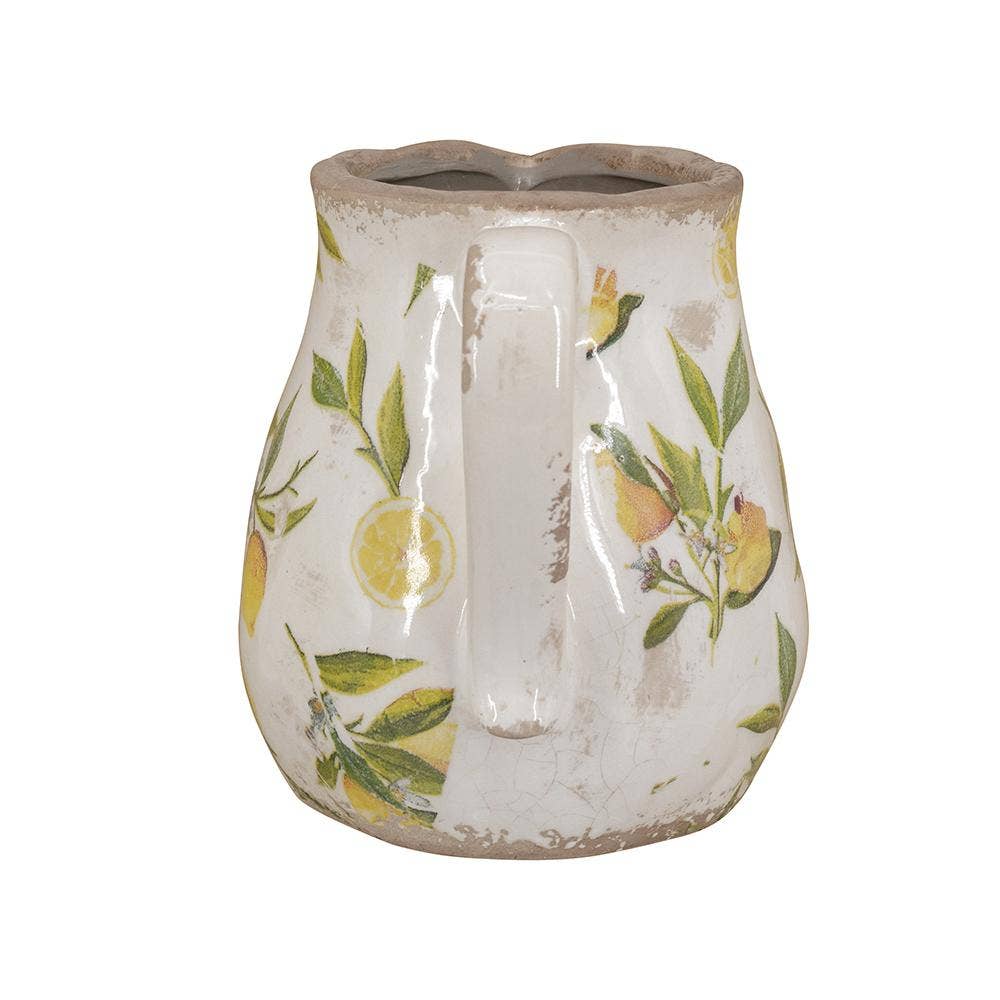 6.3x5x6" White Ceramic Pitcher Vase w/ Yellow Lemon Motif