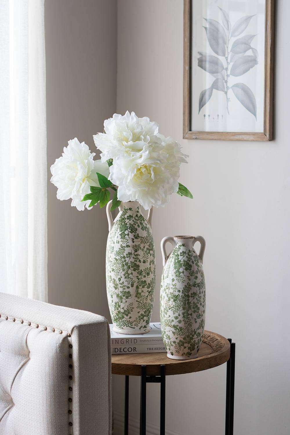 D5x14" White Ceramic Flower Vase Floral Pattern & Handles