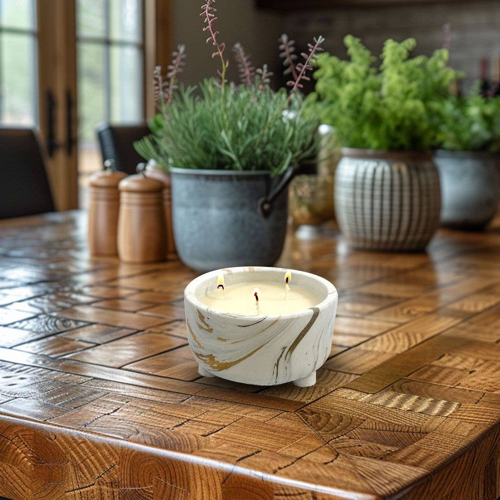 White and Gold Marbled Ceramic Candle Bowl - 12 Oz Floral Scented Candle for Elegant Home Decor And