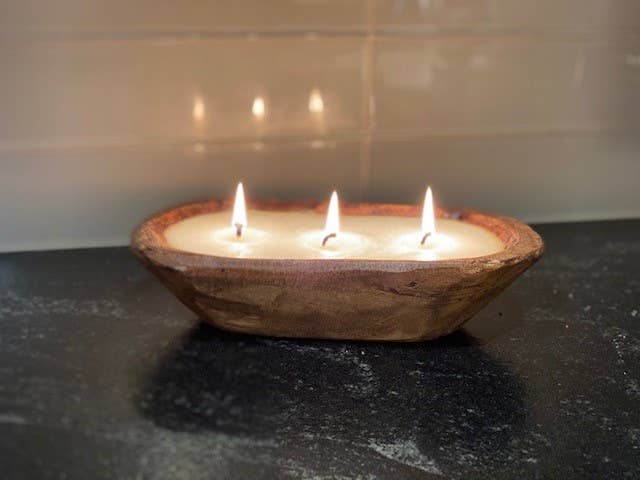 9" Petite Wood Bowl Candle: 10x6x3 / White / Earth Garden