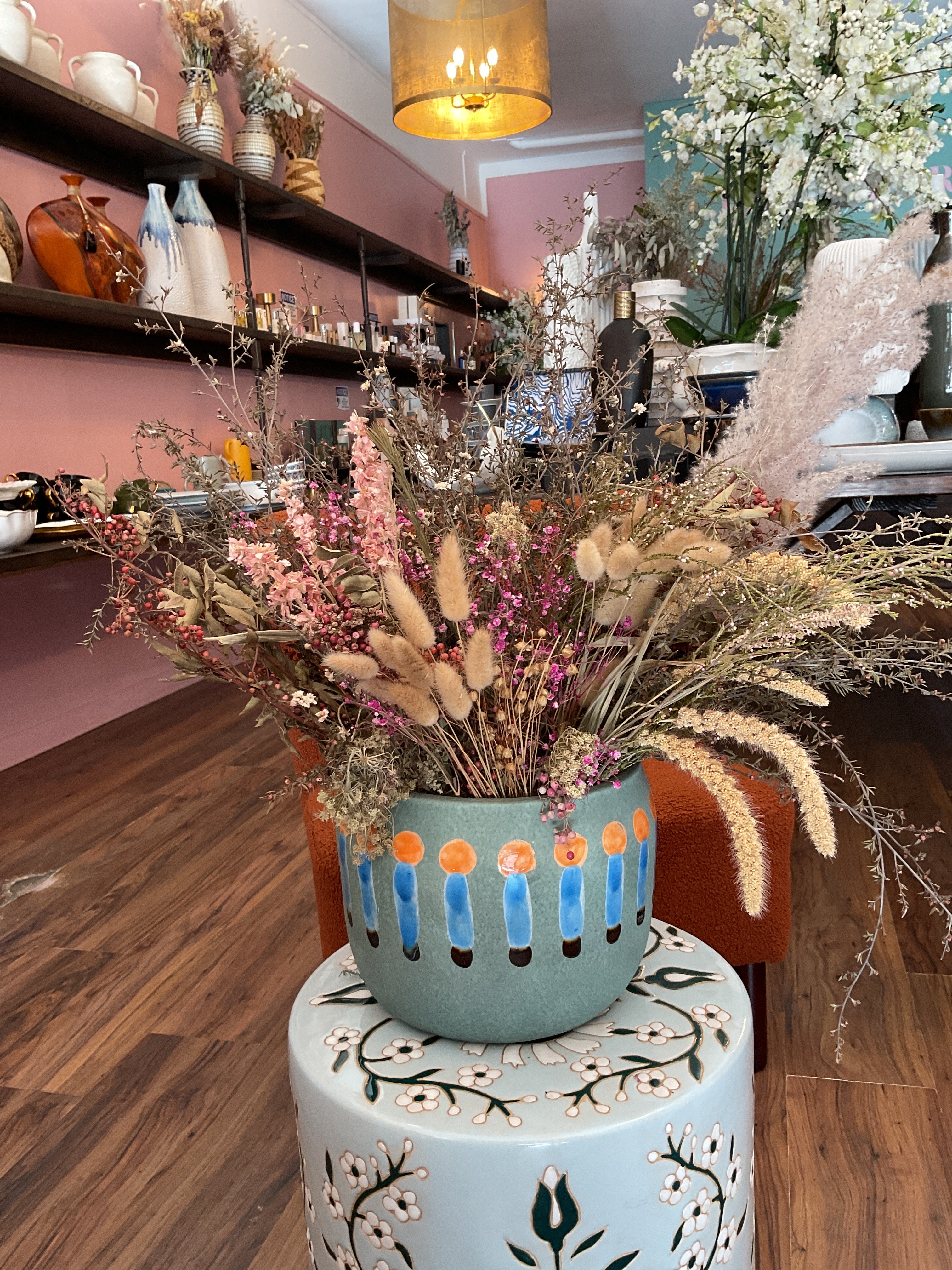 Dried Flowers in Hand Painted Vase