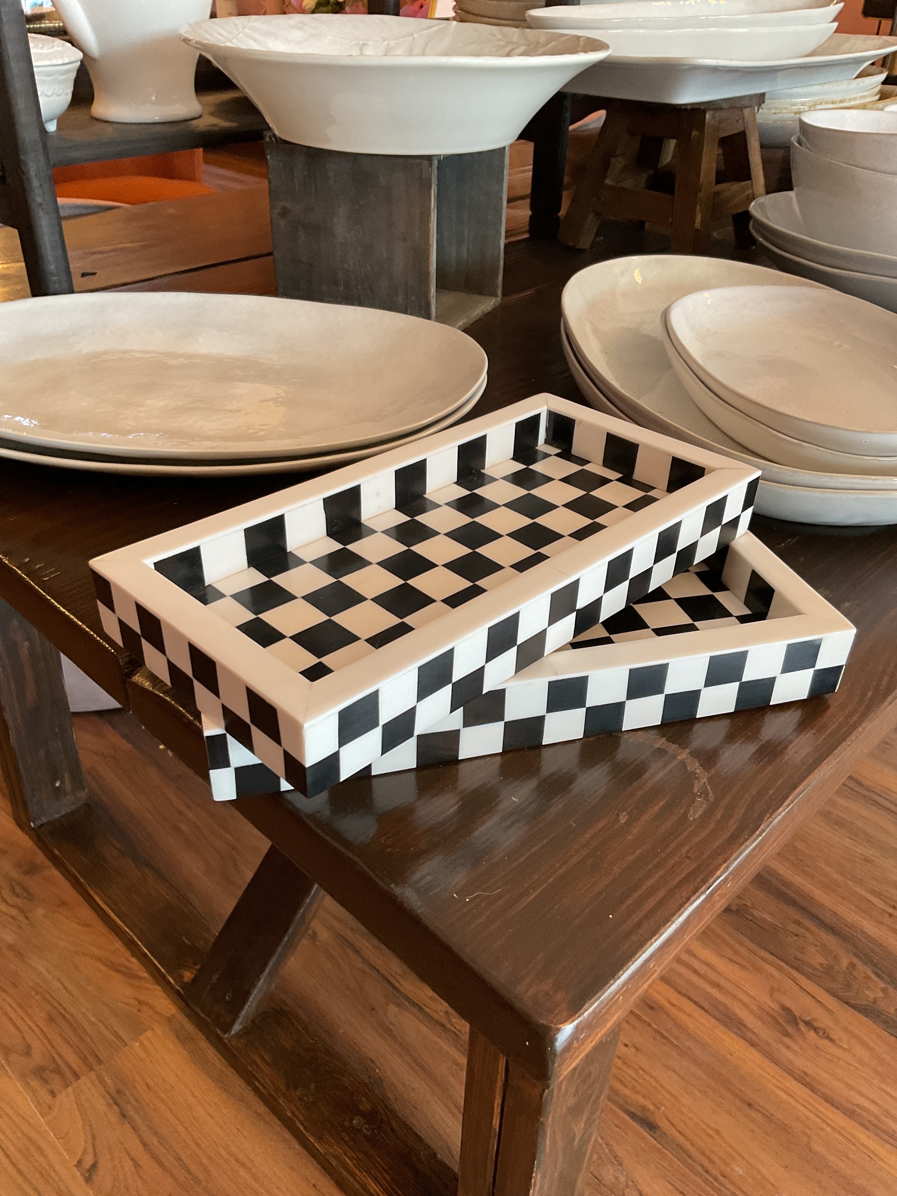 Black and white checkered tray