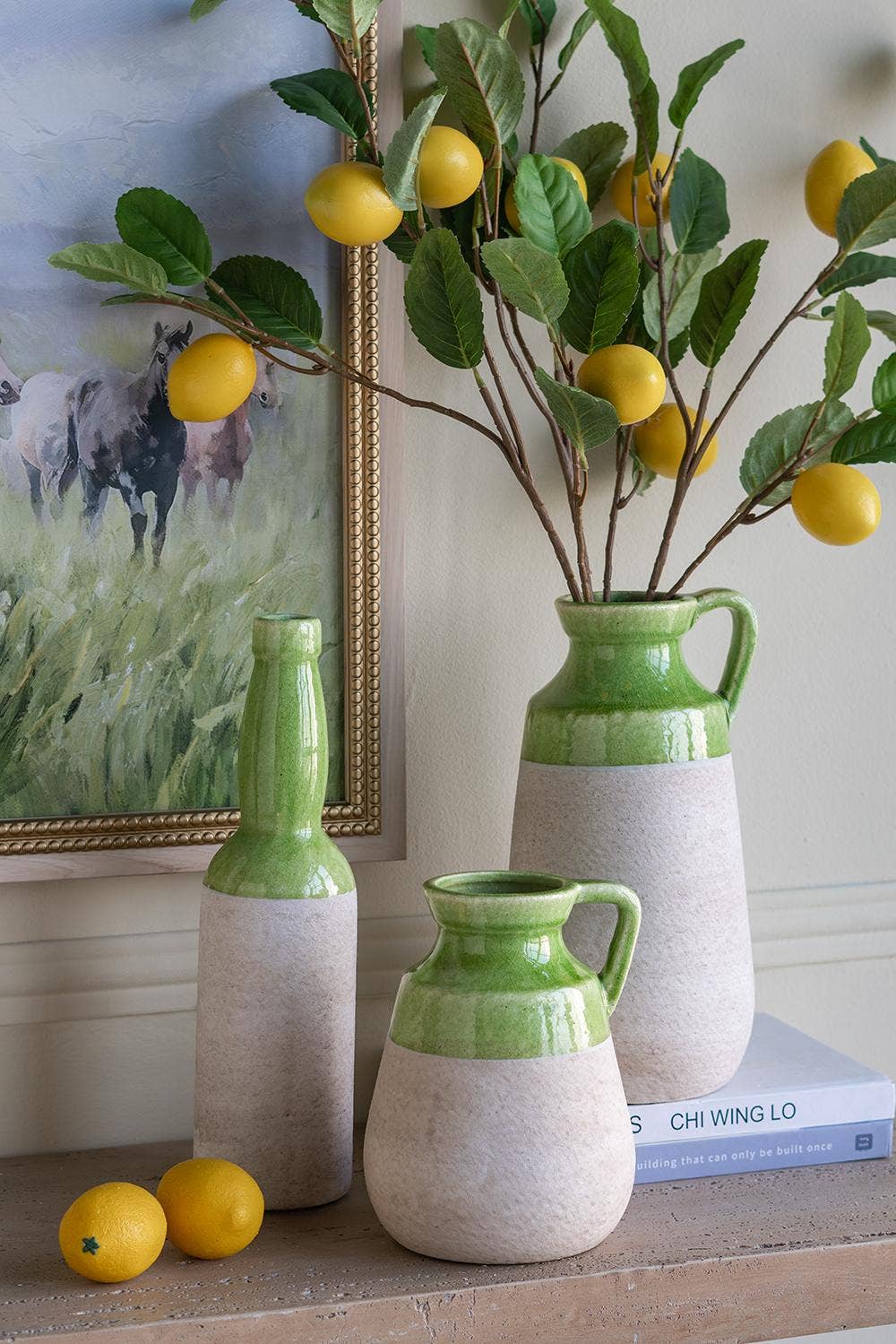 6x5.5x8" Terracotta Jug Vase w/ Green Glaze & Natural Tan