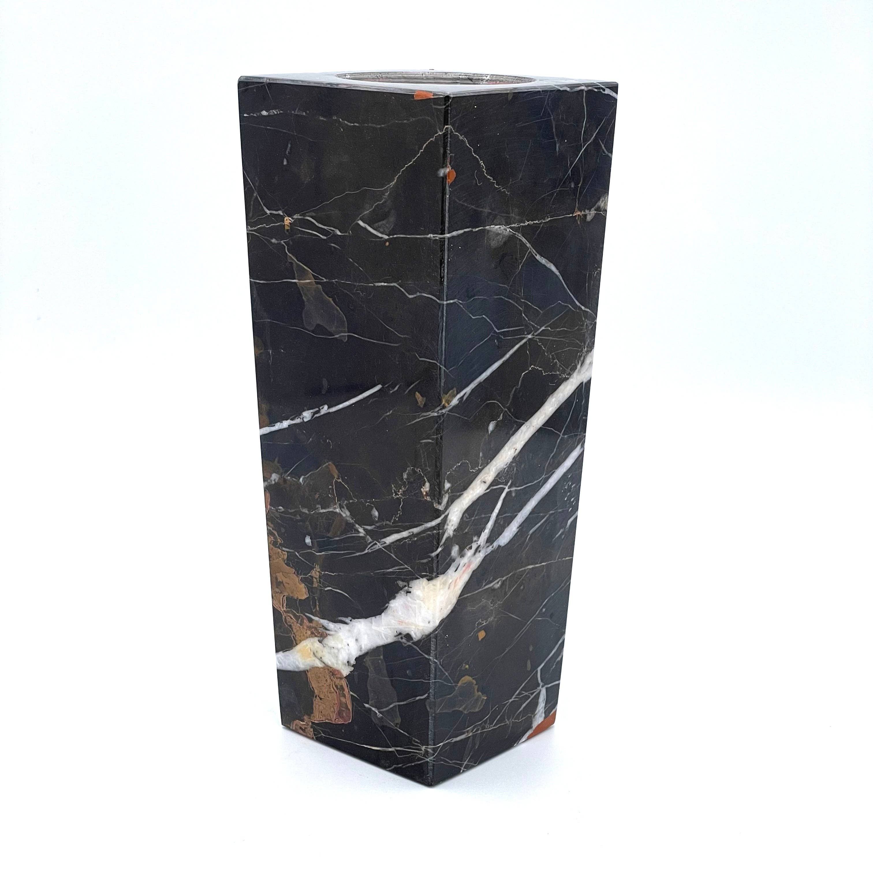 8" Square Vase in marble and onyx: Black Zebra Marble