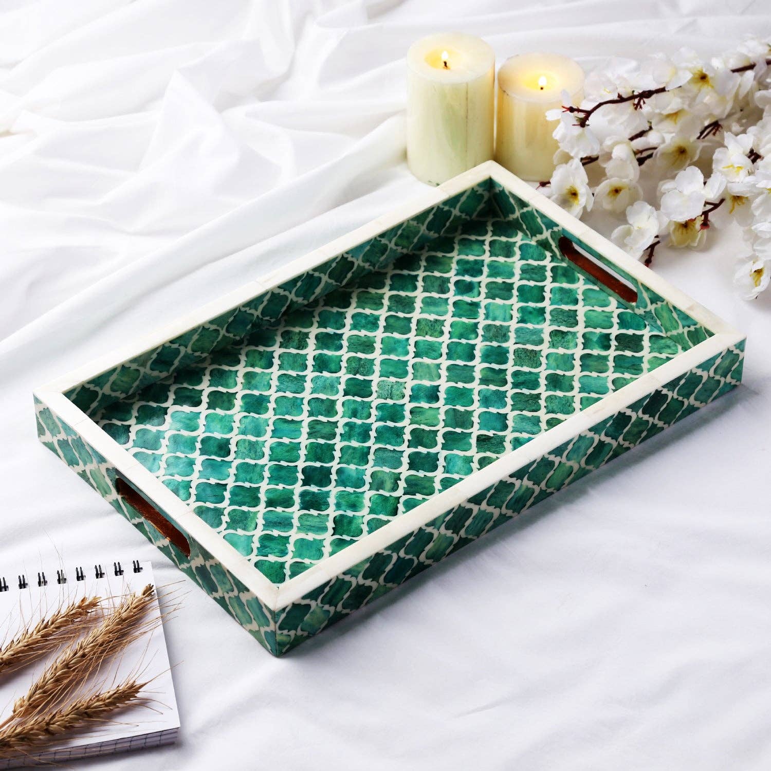 Decorative Tray Moroccan Green & White 11x17 inch