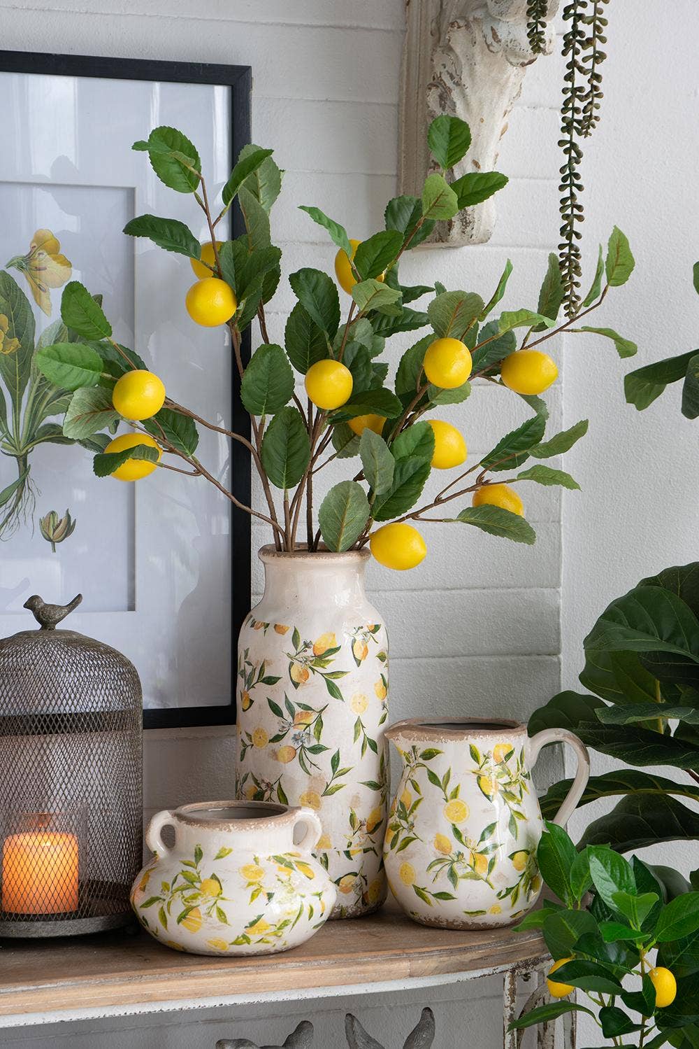 6.3x5x6" White Ceramic Pitcher Vase w/ Yellow Lemon Motif