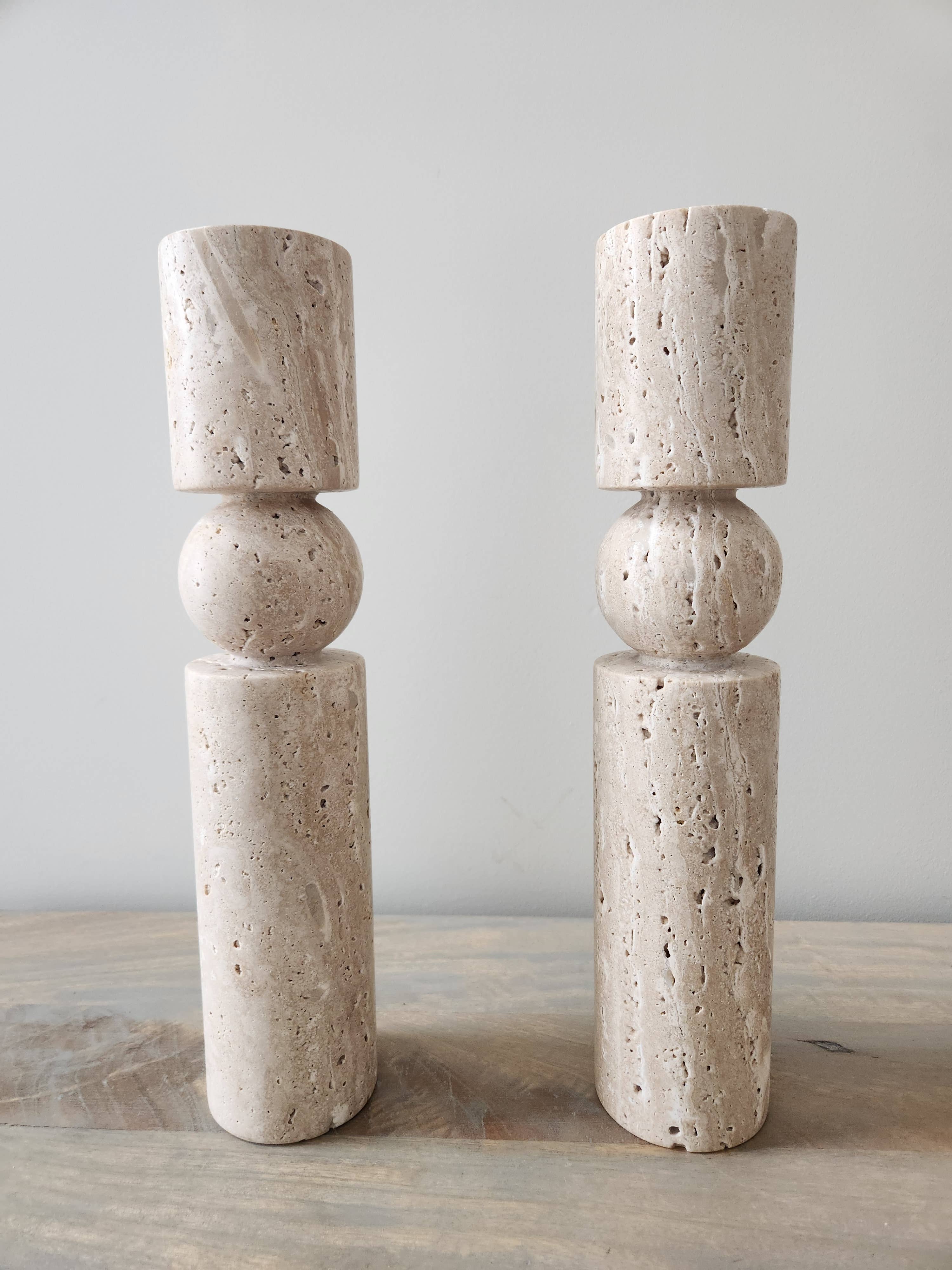 Travertine Stone Candle Holders | Dual Taper + Tealight: Large