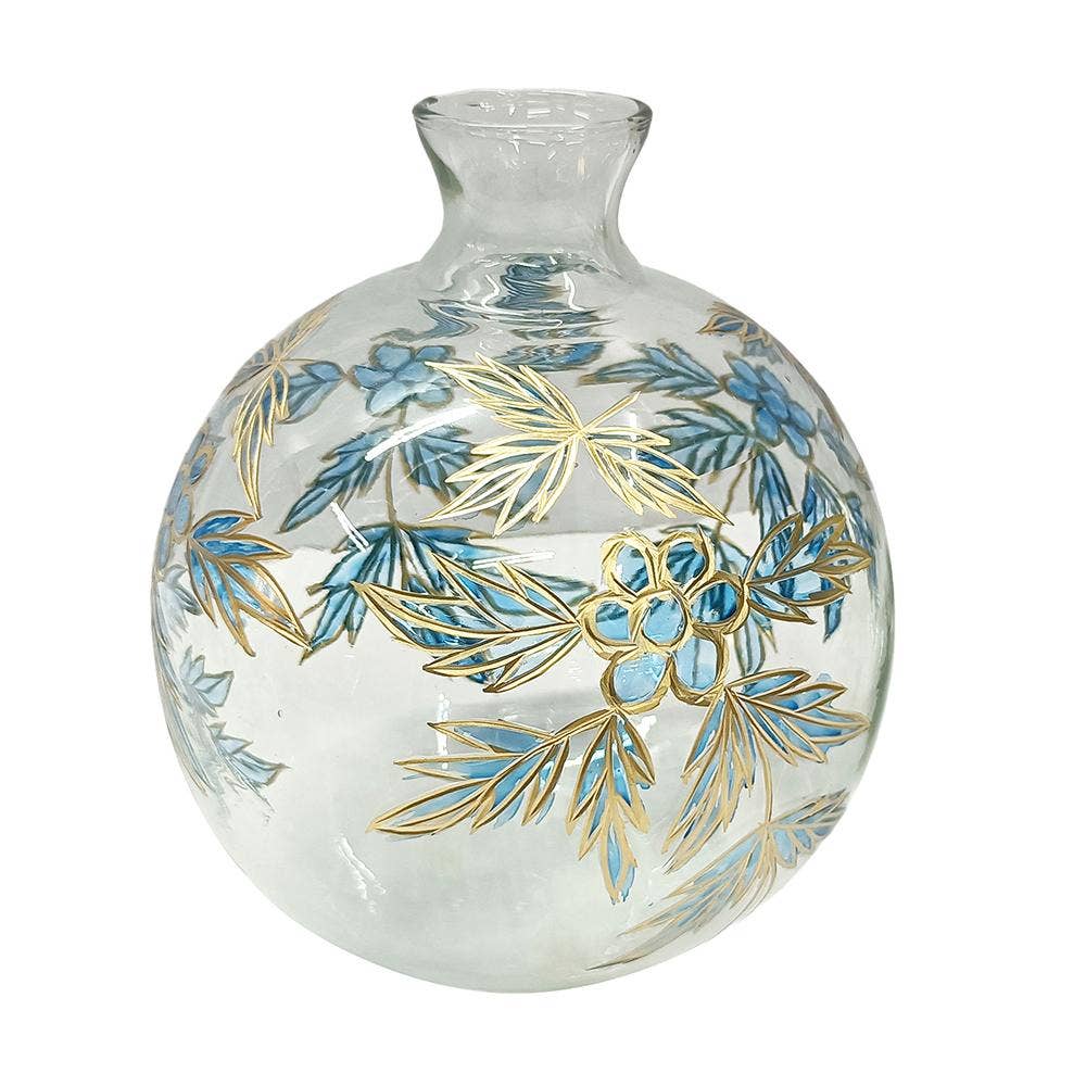 D8x9" Round Clear Glass Vase w/ Blue and Gold Botanical