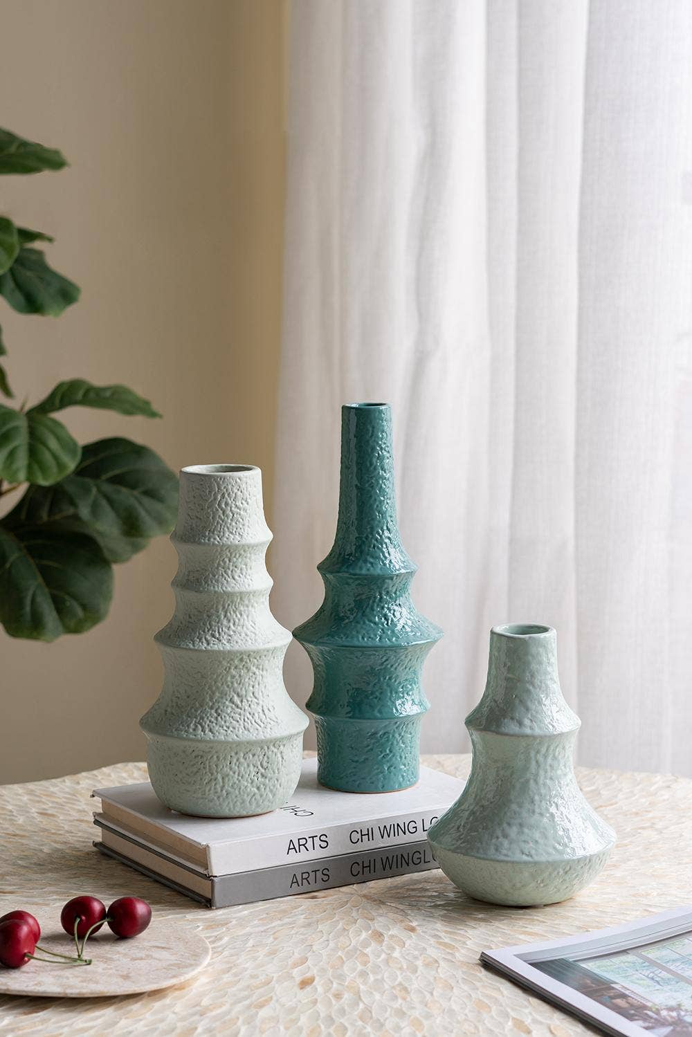 D4.7x12" Blue Ceramic Accent Vase with Sculptural Design