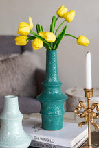 D4.7x12" Blue Ceramic Accent Vase with Sculptural Design