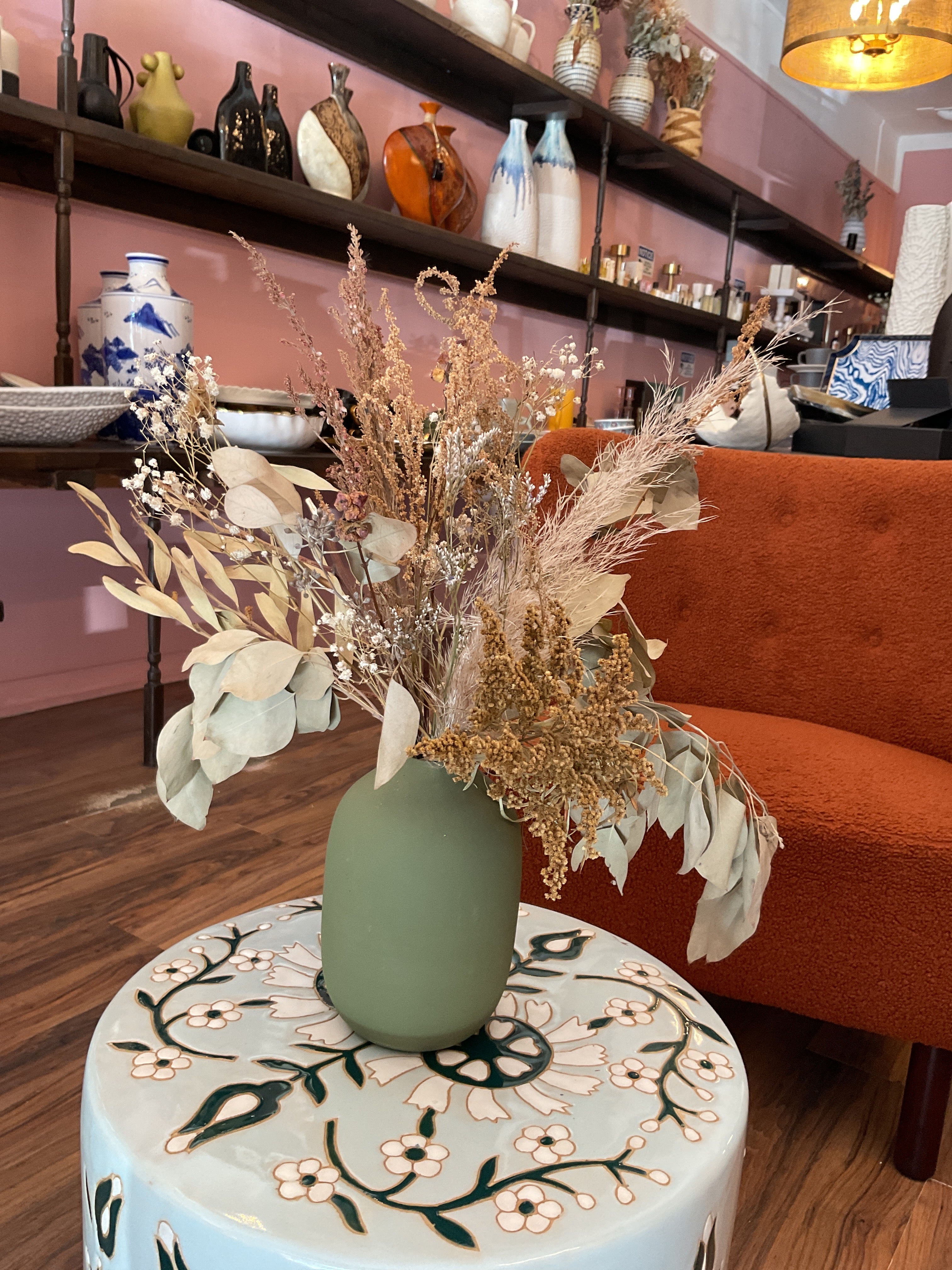 Dried Flowers in Green Vase