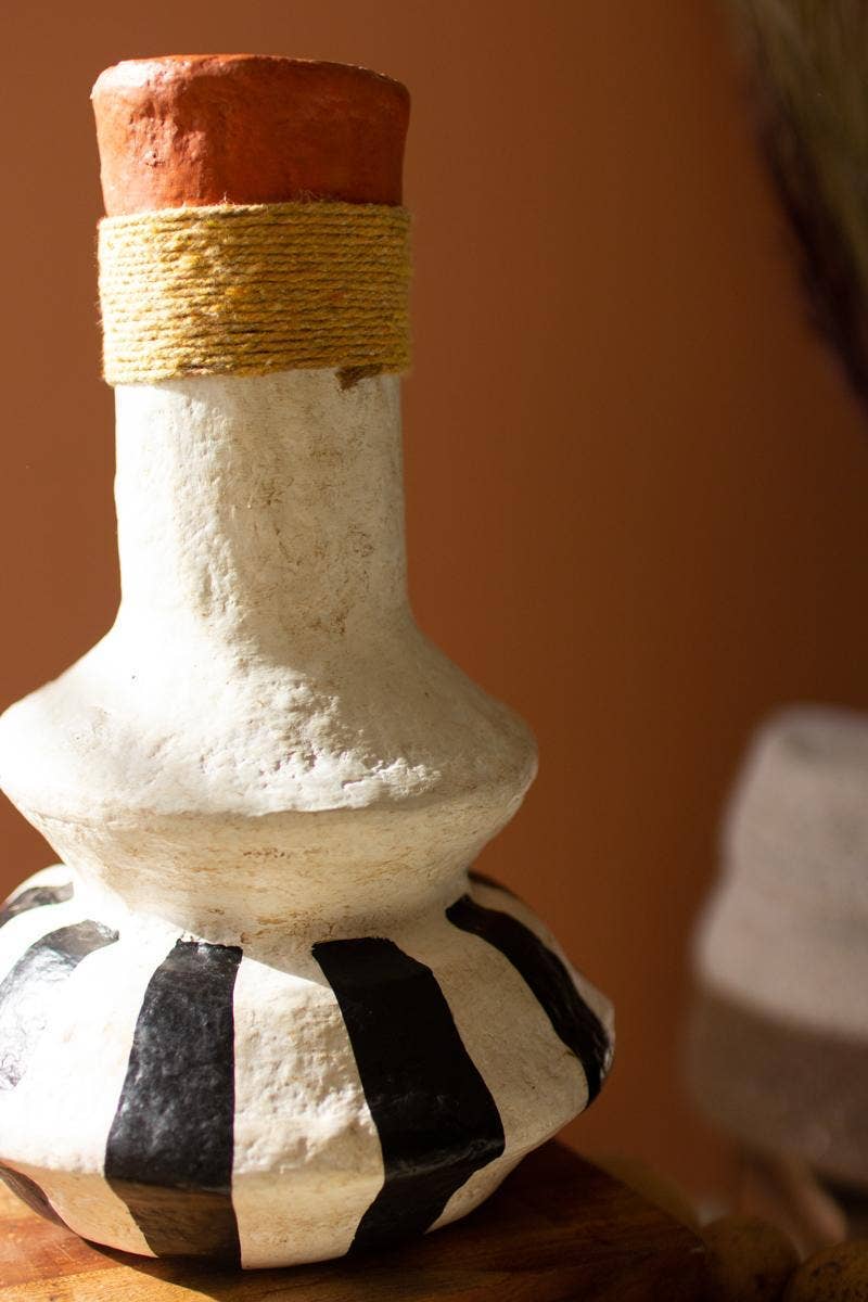 Painted Paper Mache Vase with Black and White Base