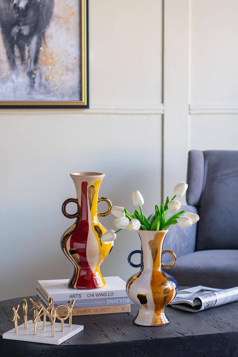 D6x10.5" Round Ceramic Vase Abstract Multicolored Finish