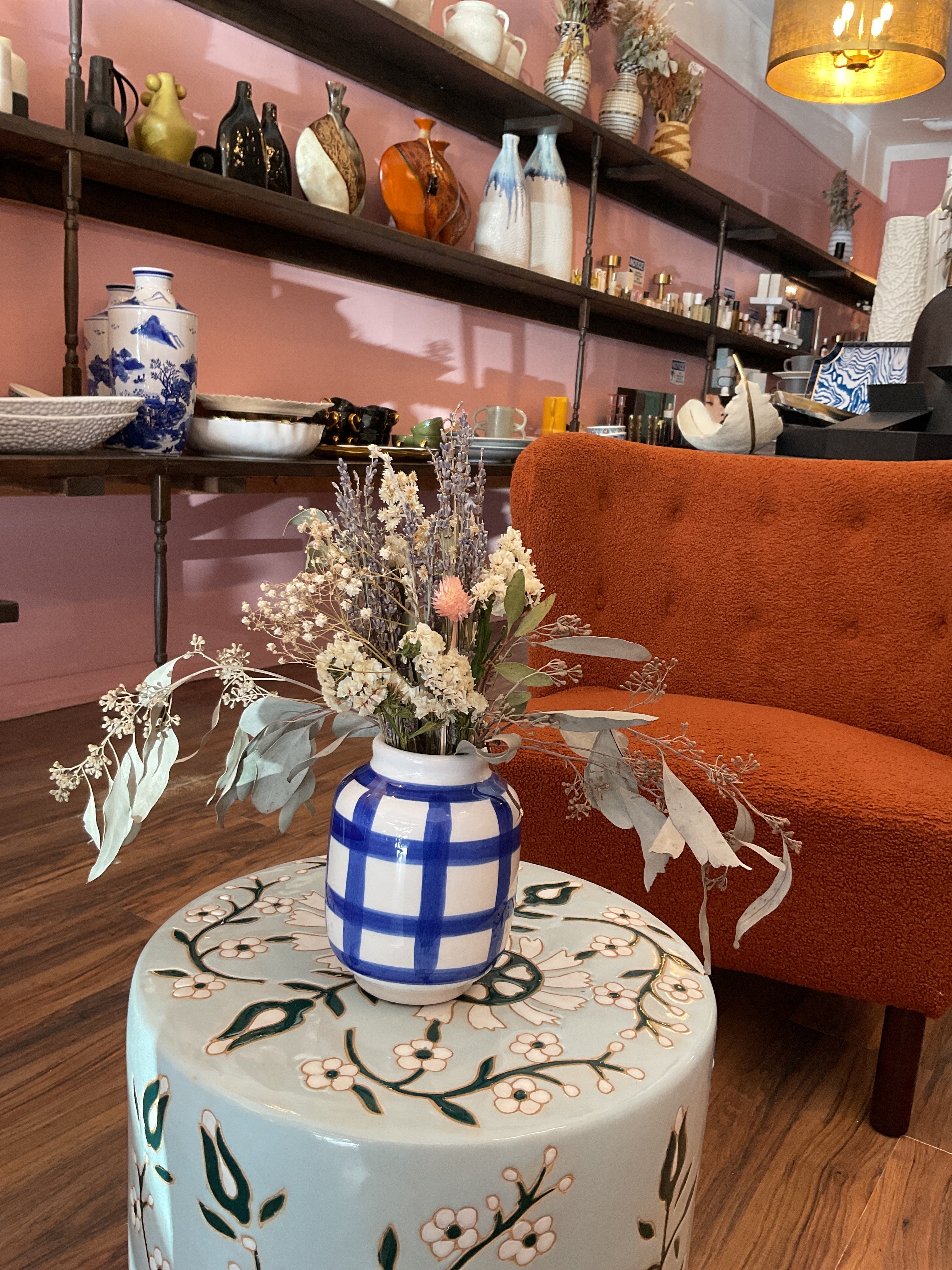 Dried Flowers in Blue Checkered Vase