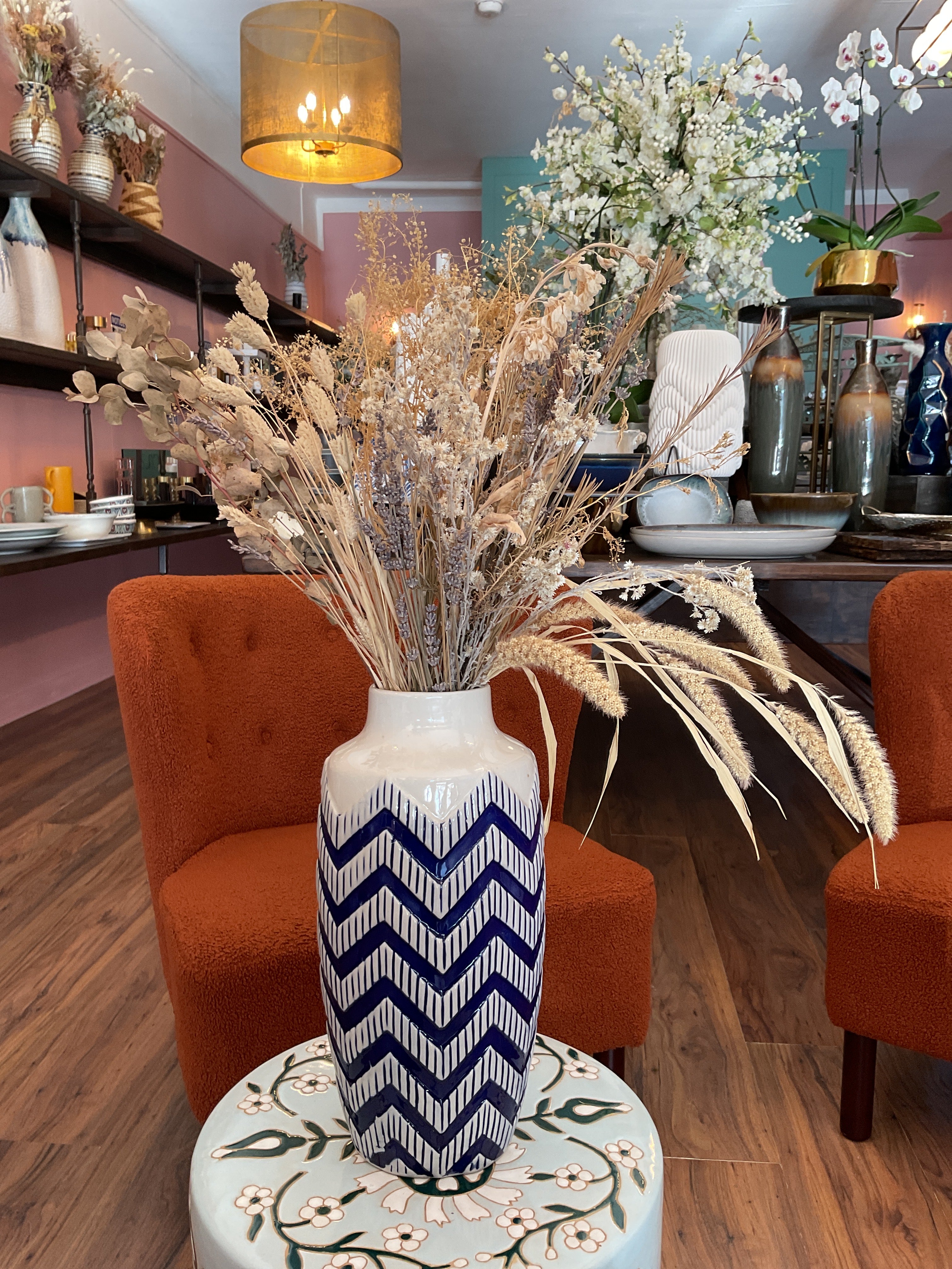 Dried Flowers in Blue Chevron Vase