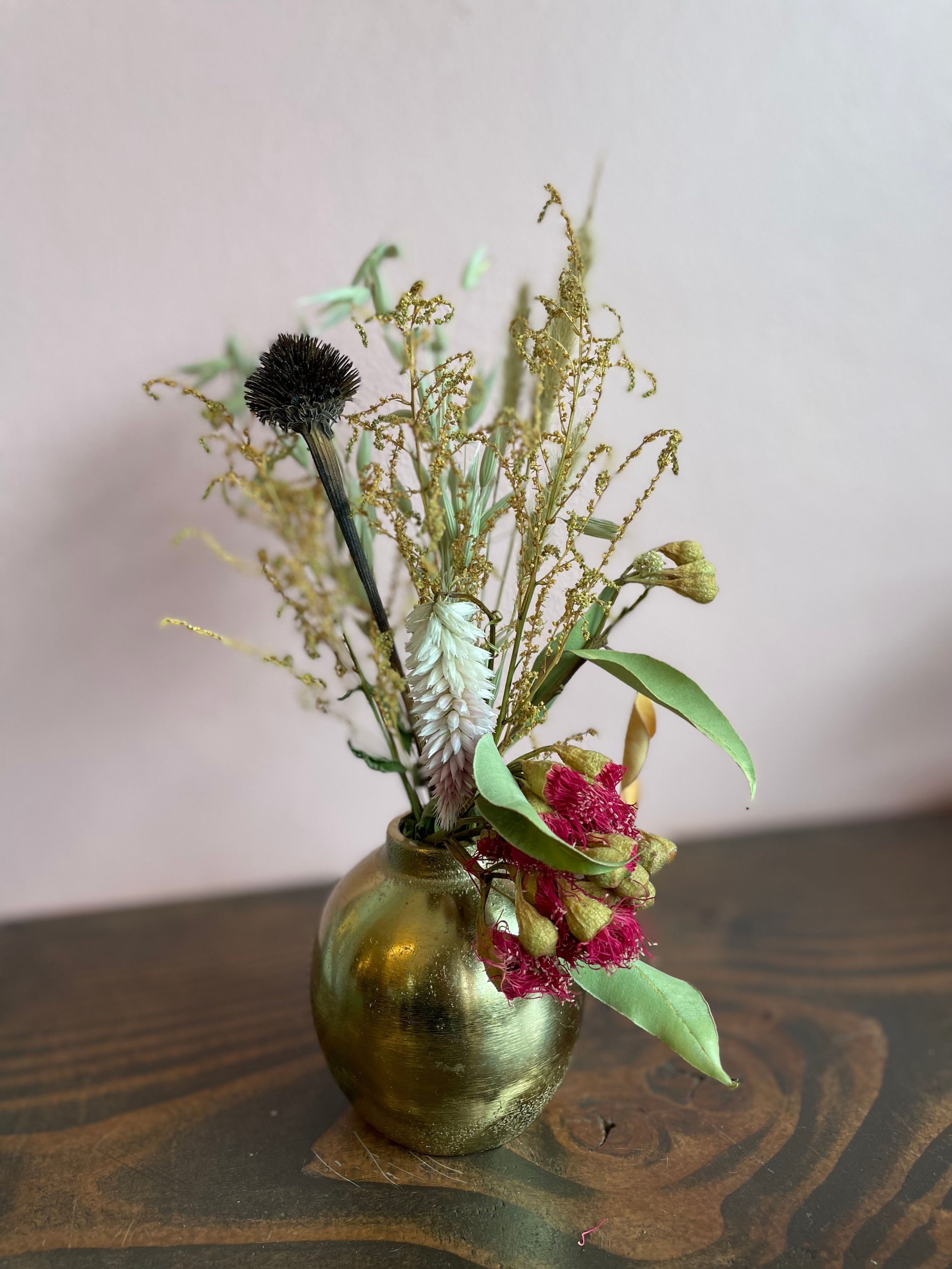 Dried Flowers in Gold Bud Vases (assorted)