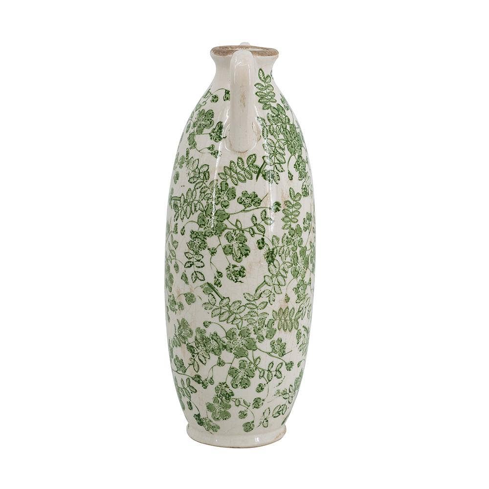 D5x14" White Ceramic Flower Vase Floral Pattern & Handles